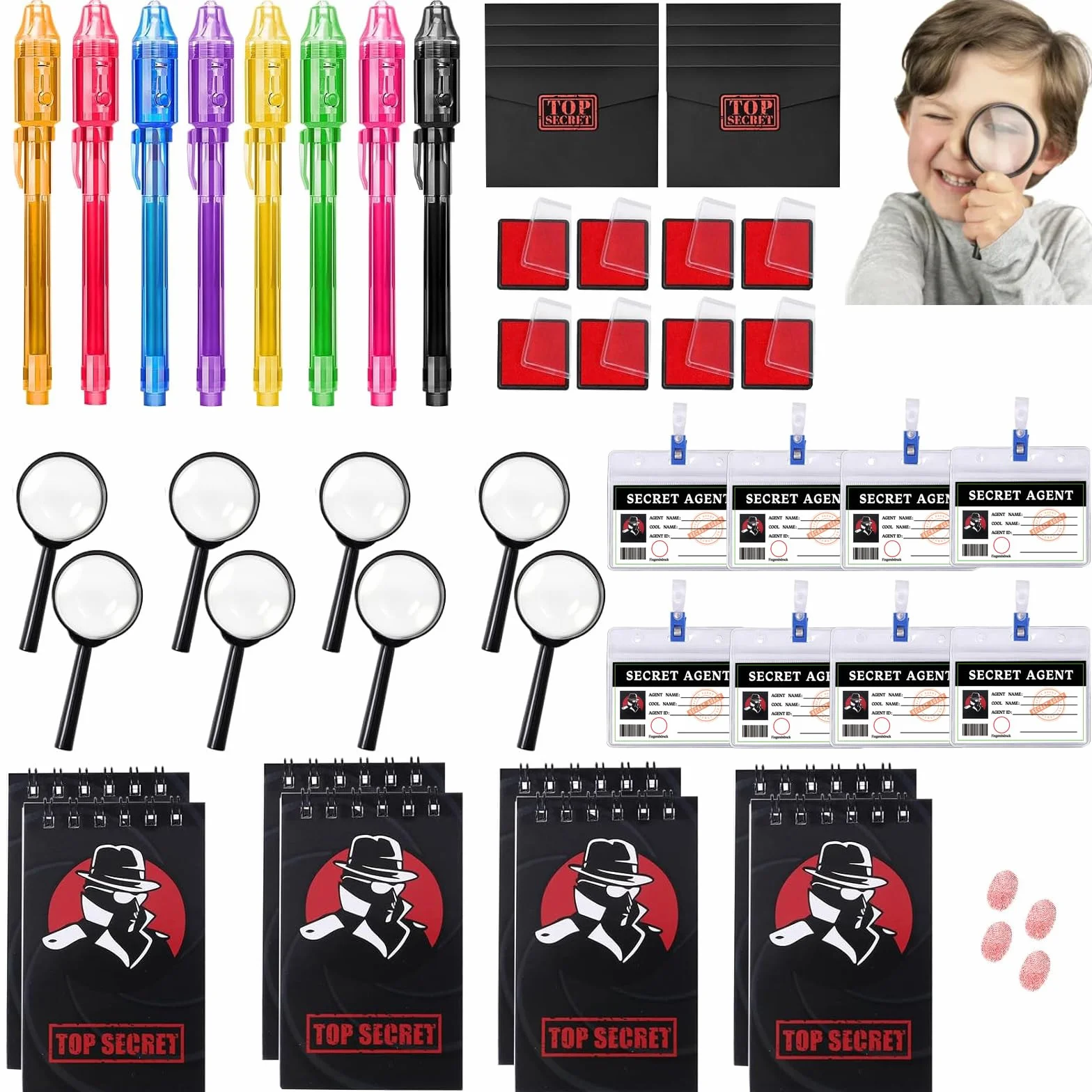 48 Pièces Kit Détective Enfant,avec Stylo UV,carnet de Notes, loupes Jouets,Carte d'identité de détective avec Clip, Tampon encreur d'empreintes digitales