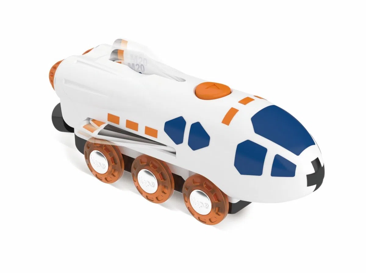Hape Jouet Locomotive Fusée Spatiale - Jeu de Train en Bois - Jouet pour Enfant dès 3 Ans - Locomotive pour Circuit Train Bois - Compatible avec Les Circuits de Marques Traditionnelles