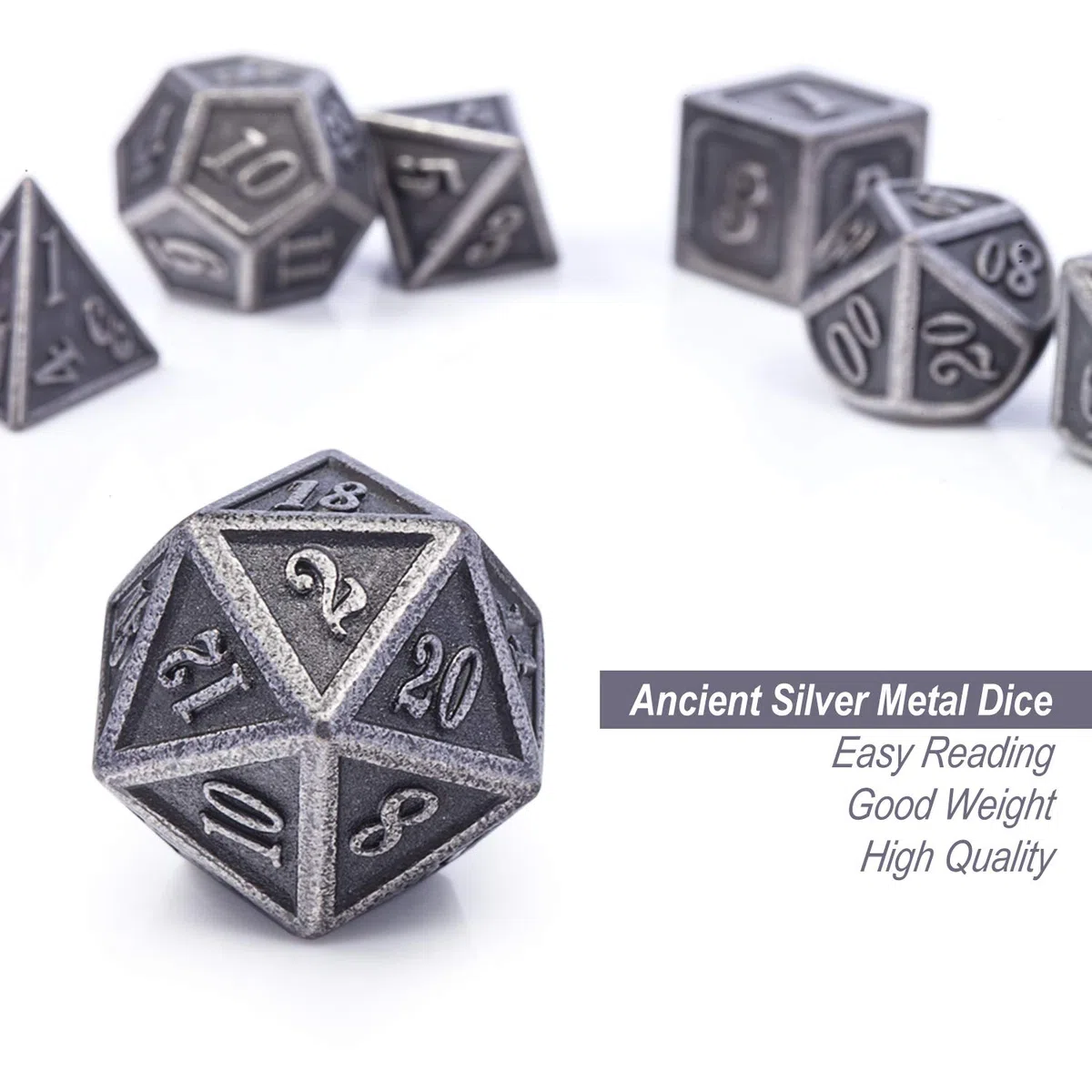 DnDnD Lot de 7 dés en métal argenté ancien DND, dés D&D en métal avec étui en métal pour Donjons et Dragons, Shadowrun, Pathfinder, Savage World et jeux de table