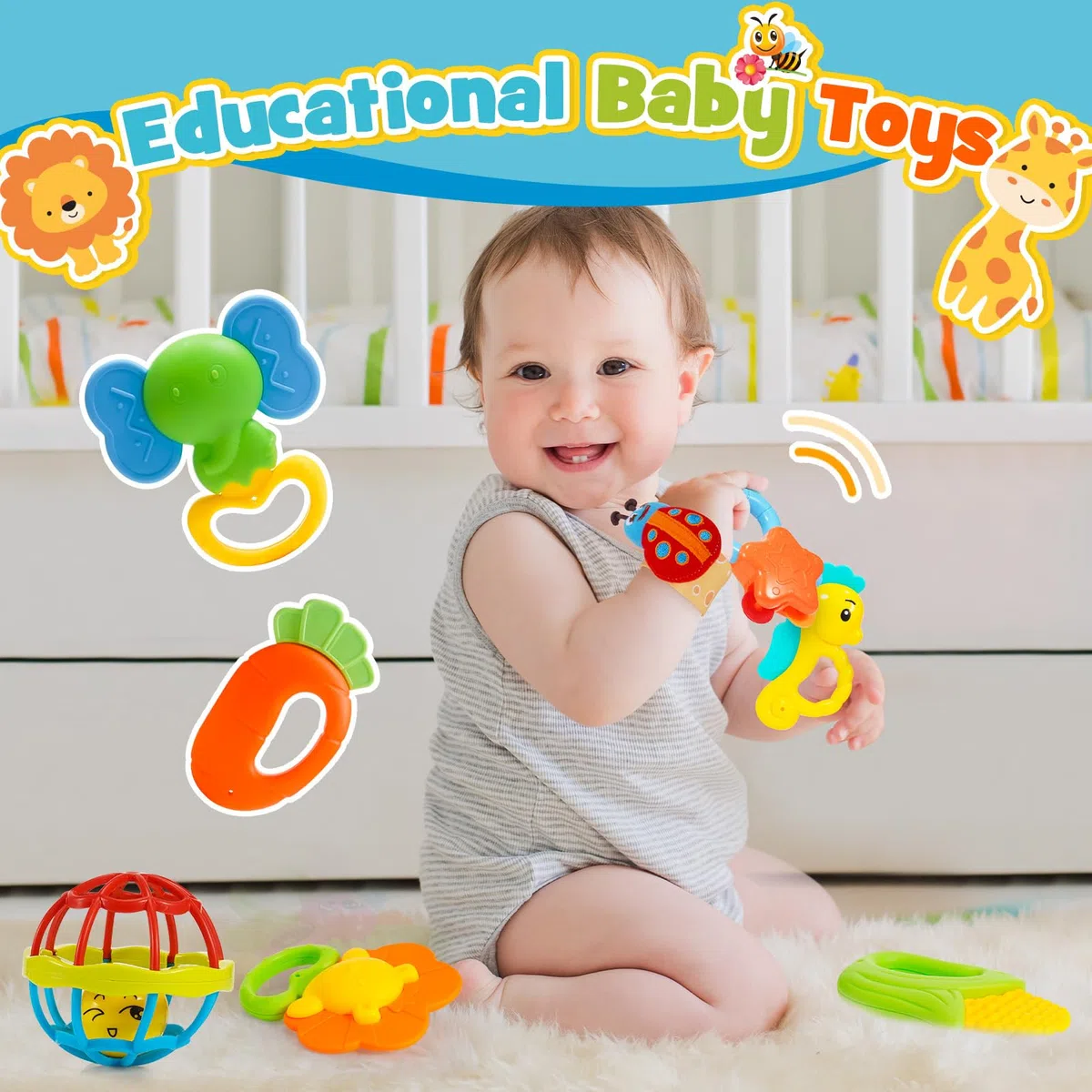 Wootoyz Jouet Bebe 0 3 6 9 Mois, Hochet Bebe 0-12 Mois Cadeau Bebe 1 An Jeux Montessori 0-12 Mois Jeux Bebe 1 An Jouet Dentition Bébé Cadeau 0-12 Mois Fille Garçon Jeux Eveil Bebe 0-12 Mois Jouet