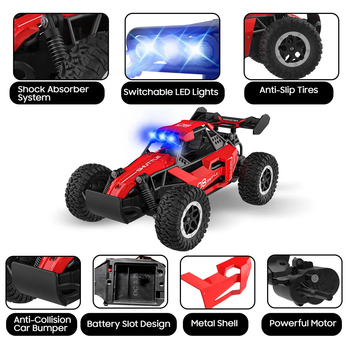 Voiture Télécommandée Tout Terrain,2.4Ghz RC Voiture Telecommandé Enfant 3 4 5 6 7+,2WD 20KM/H avec LED,Coquille Alliage,Jouet Radiocommandée Cadeau pour Fille Garcon Rouge