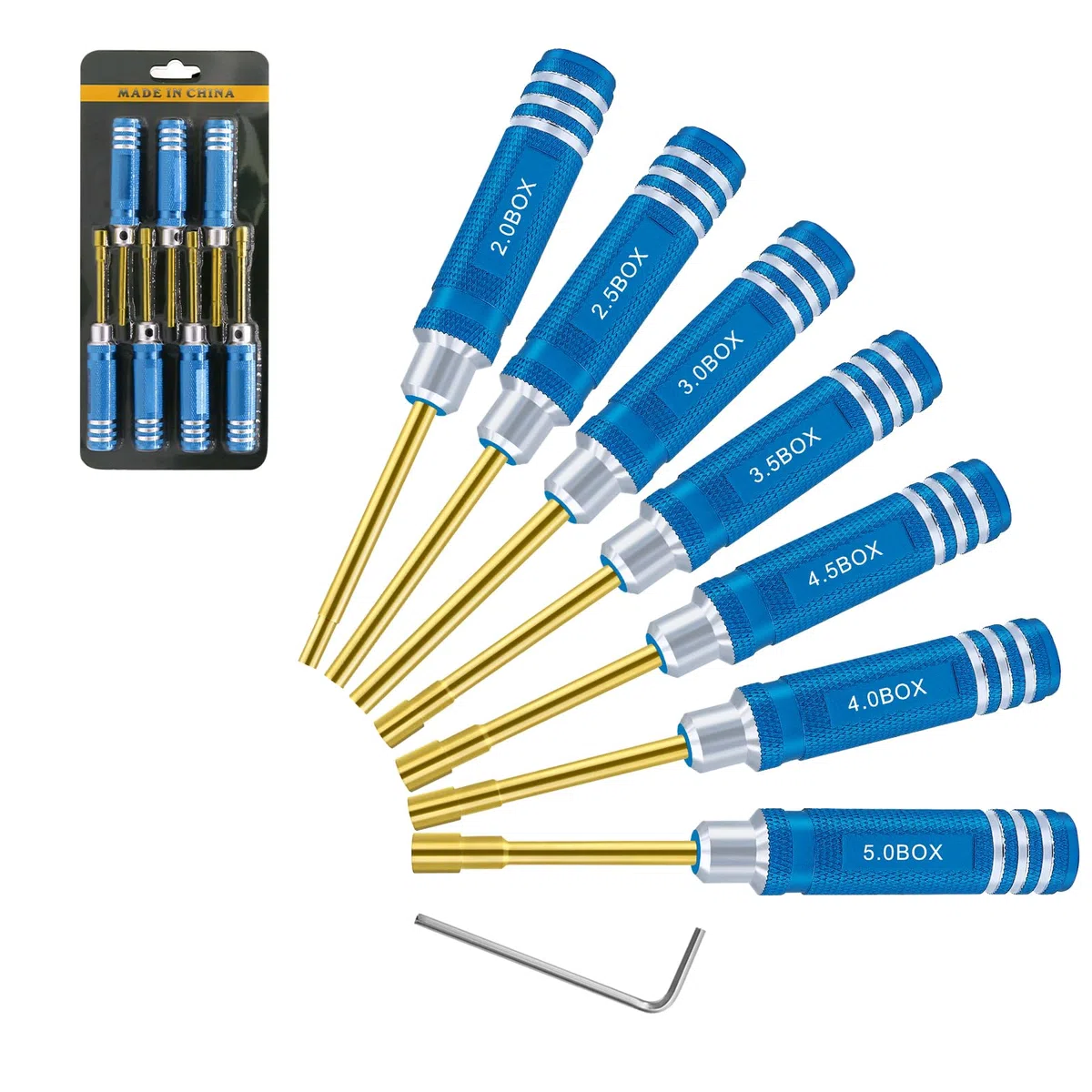 Lot de 7 tournevis hexagonaux 2,0 mm 2,5 mm 3,0 mm 3,5 mm 4,0 mm 4,5 mm 5,0 mm kit d'outils de tournevis pour fixation roue Axial SCX24 pour modèles radiocommandés voitures bateaux hélicoptères bleu
