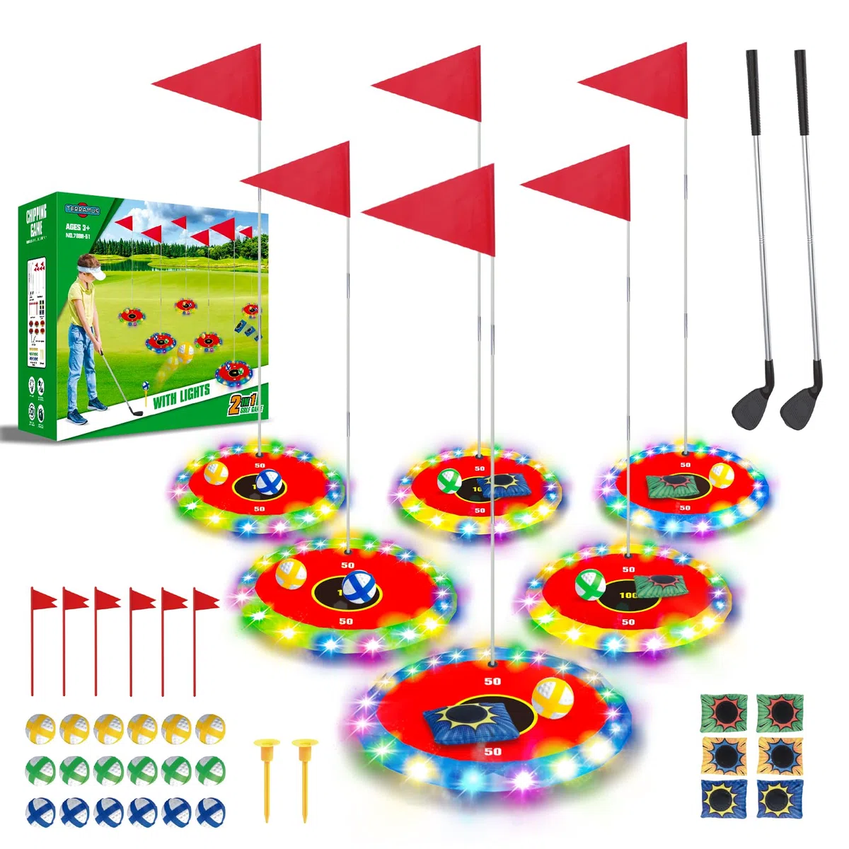 TERRAMUS Kit de golf lumineux 2 en 1 pour enfants, 16 balles, 2 raquettes, 6 cibles éclairées, pour l'intérieur et l'extérieur, cadeau de 3 à 8 ans
