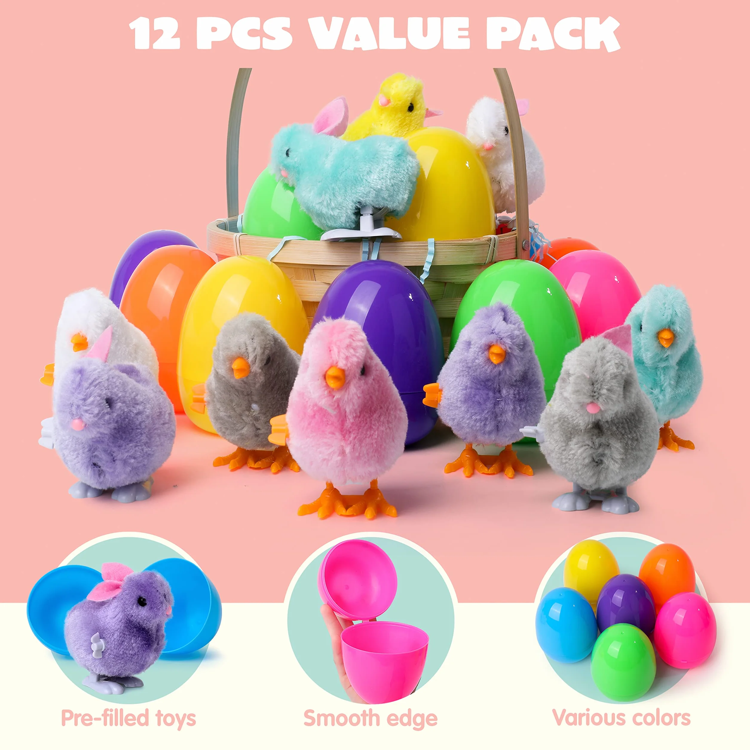 JOYIN 12Pcs Oeufs de Pâques Remplis Jouets de Lapins et Poussins à remonter pour Garçons et Filles Jouets Surprise Cadeaux fête de Chasse de Pâques