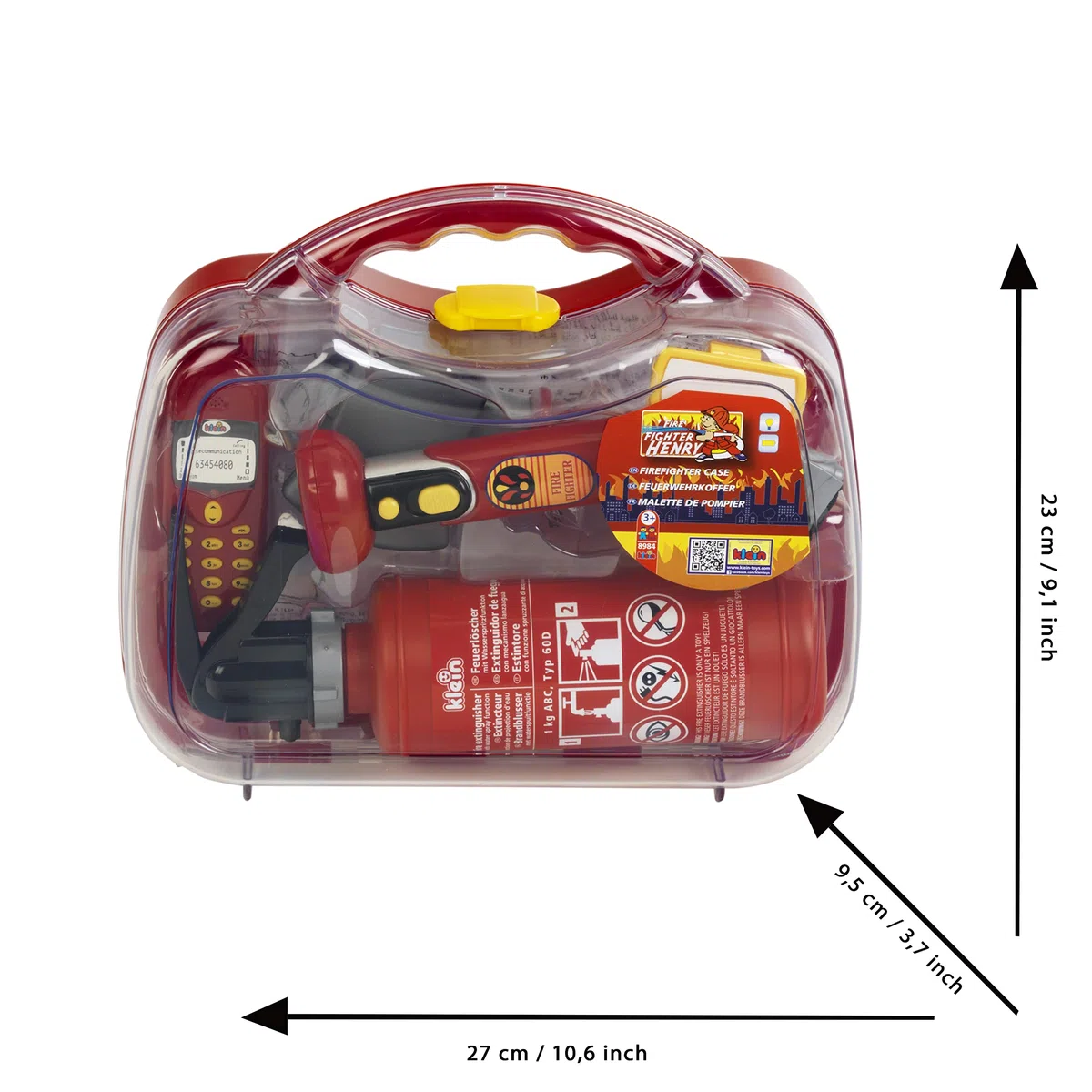 Theo Klein 8984 Mallette Pompier - Nombreux Accessoires : Lampe Torche avec Fonction Lumineuse, extincteur avec vaporisation, téléphone, etc. - Dimensions : 27 x 9,5 x 23 cm - pour Enfants dès 3 Ans