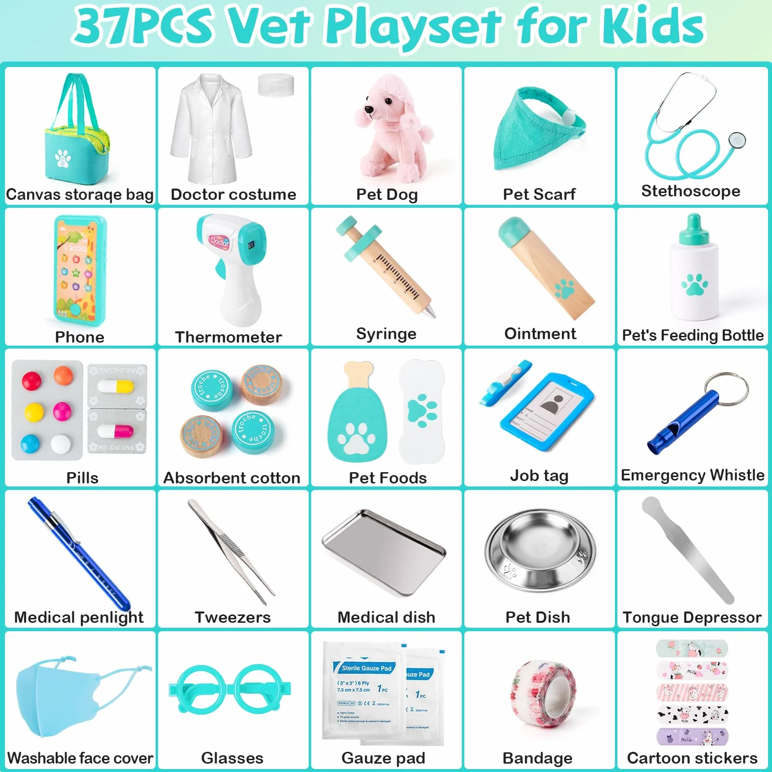 Sundaymot Malette Docteur Enfant, Veterinaire Enfant avec Peluche Chien, stéthoscope factice, thermomètre, Blouse de médecin et Sac de médecin Portable, Adapté Jouet Éducatif 3 Ans et Plus