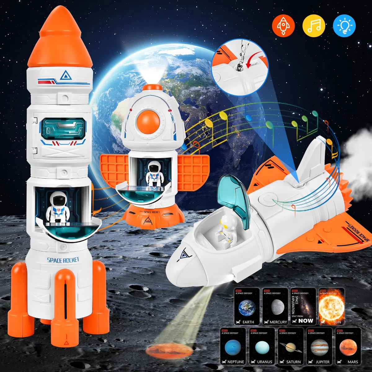 Aragallant Fusée Espace, Navette Spatiale Jouet, Space Shuttle Kit avec Effets Sonores et Lumineux, Astronautes, Satellite, Jouet Construction éducatif pour Enfants