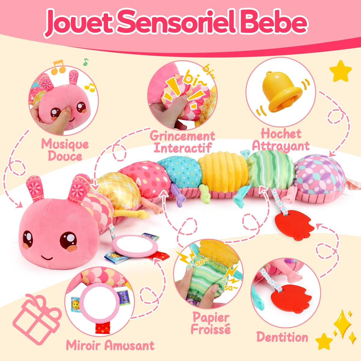 Lypsochaat Jouet Bebe 0-3-6-9-12 Mois, Jouet en Peluche Chenille Musicale, Jeux Bébé Eveil 0-3 0-6 Mois, Cadeau Naissance Fille Garcon Bébé (Rose)
