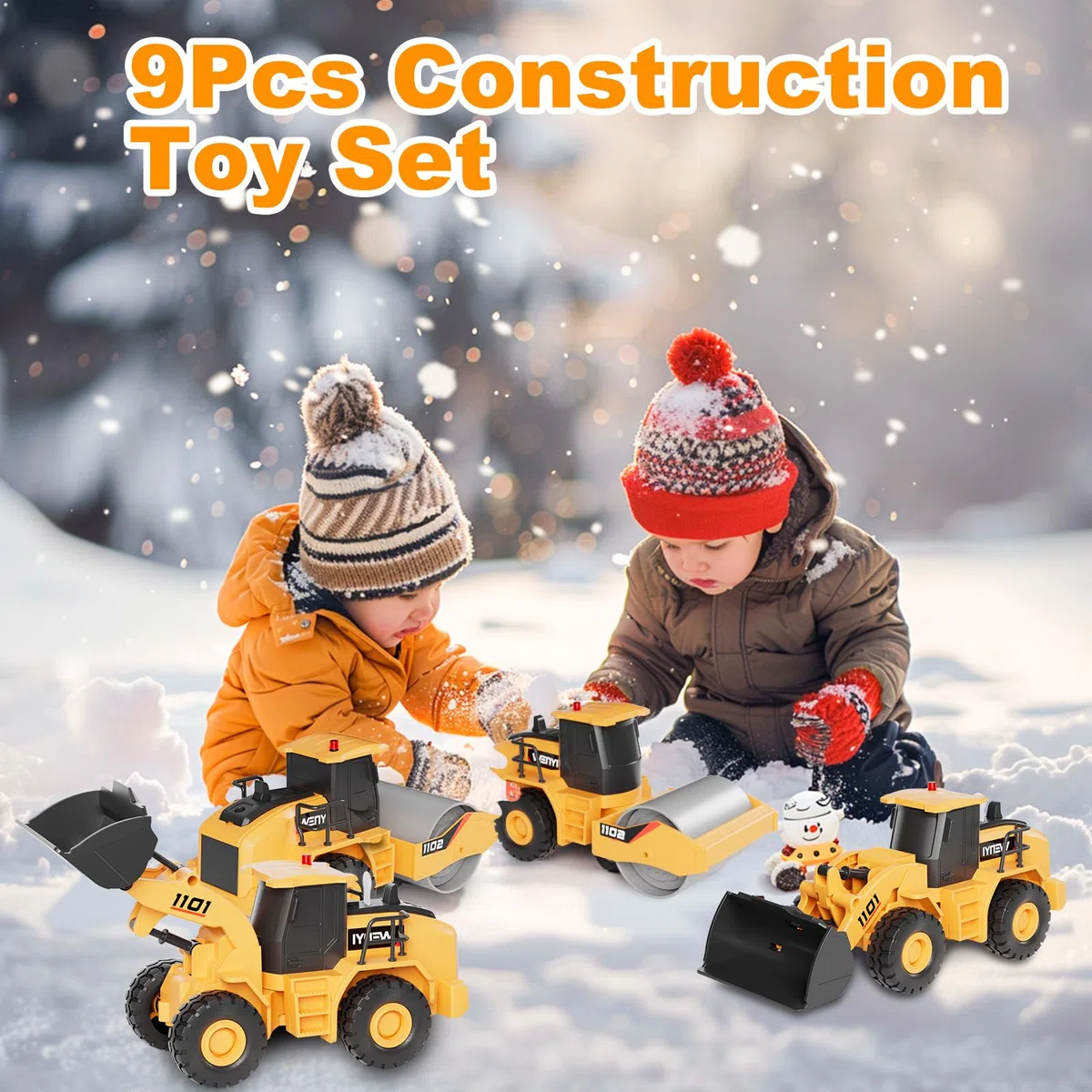 Engin de Chantier Jouet, 2Pcs Jouets de Sable avec Musique & Lumière, Jouets de Camion Bulldozer et Rouleau compresseur, Cadeau pour Garçons Filles Enfants Âgés de 3 4 5 6 7 8 Ans