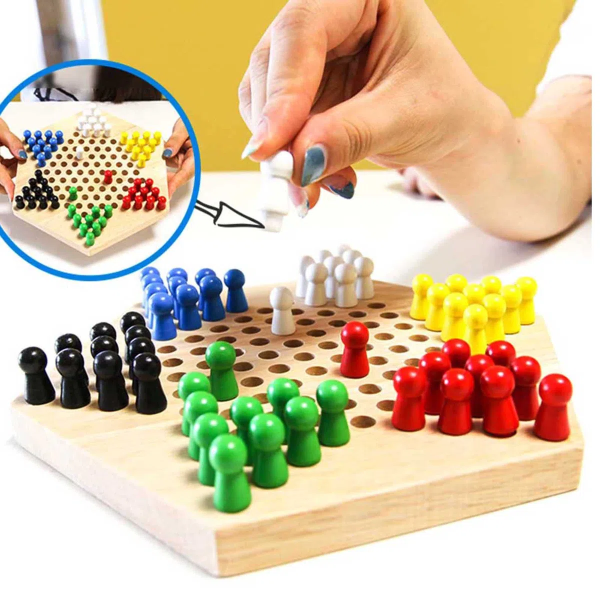 Dames en Bois, Jeu de Dames colorées intérieur/extérieur pour Enfants Jeu de société éducatif Dames Chinoises Classique Halma Chinoises Stratégie Jeu de Famille Fournitures D'Échecs Et De Cartes