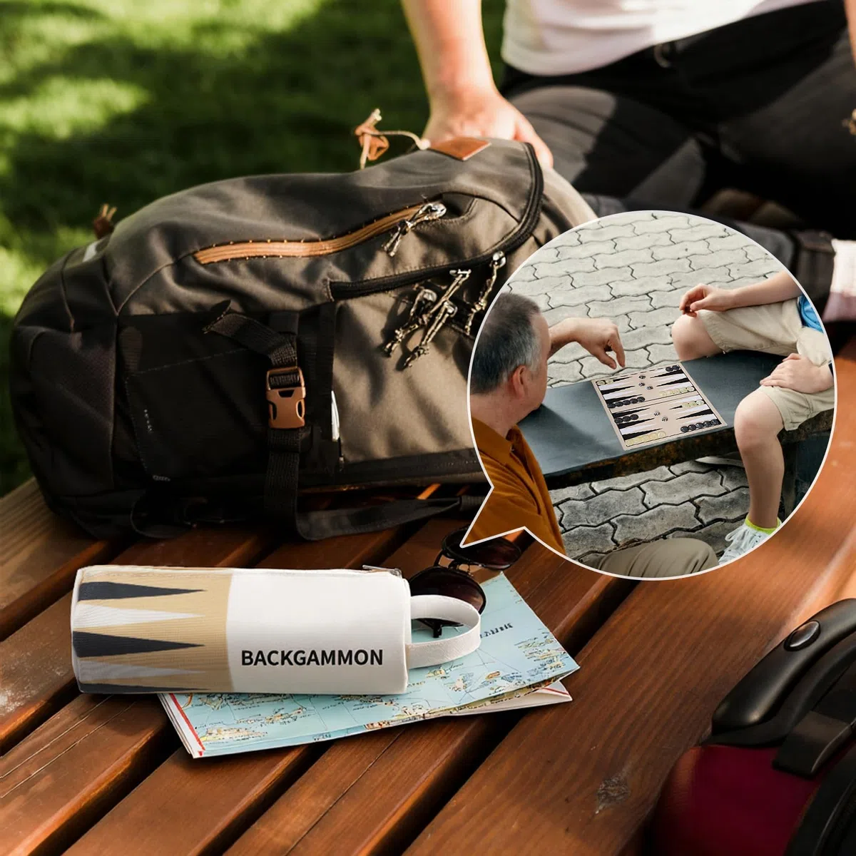 Backgammon Set, Premium Silicone Backgammon Classic Board Games for 2 Players, Foldable Portable Travel Game Set with Carrying Storage Bag (Khaki)