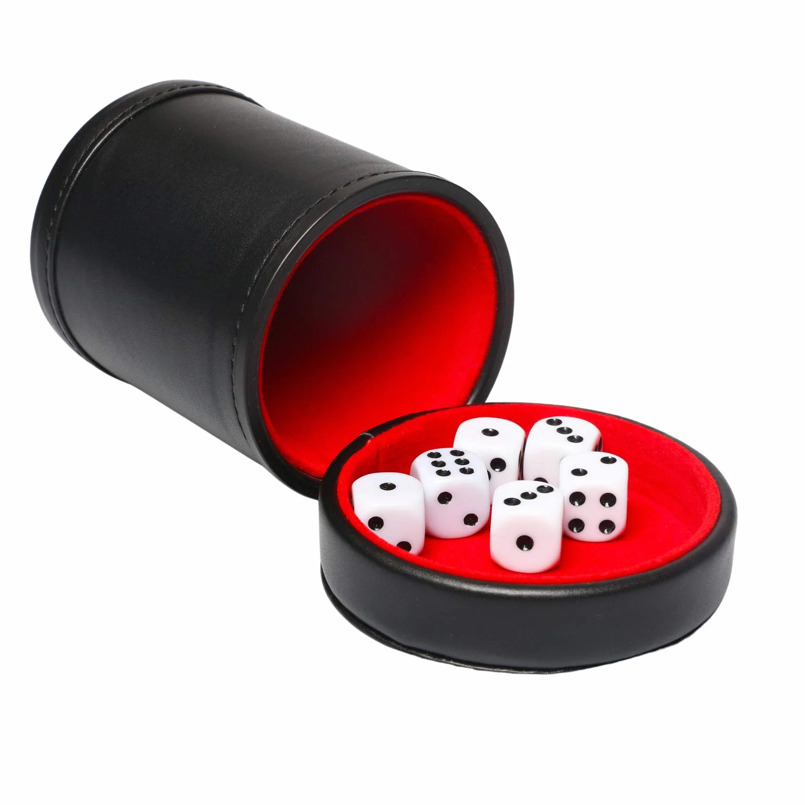 Liars Dice Farkle Yahtzee Tasse à dés en cuir synthétique avec couvercle et 6 dés silencieux avec doublure en feutre rouge
