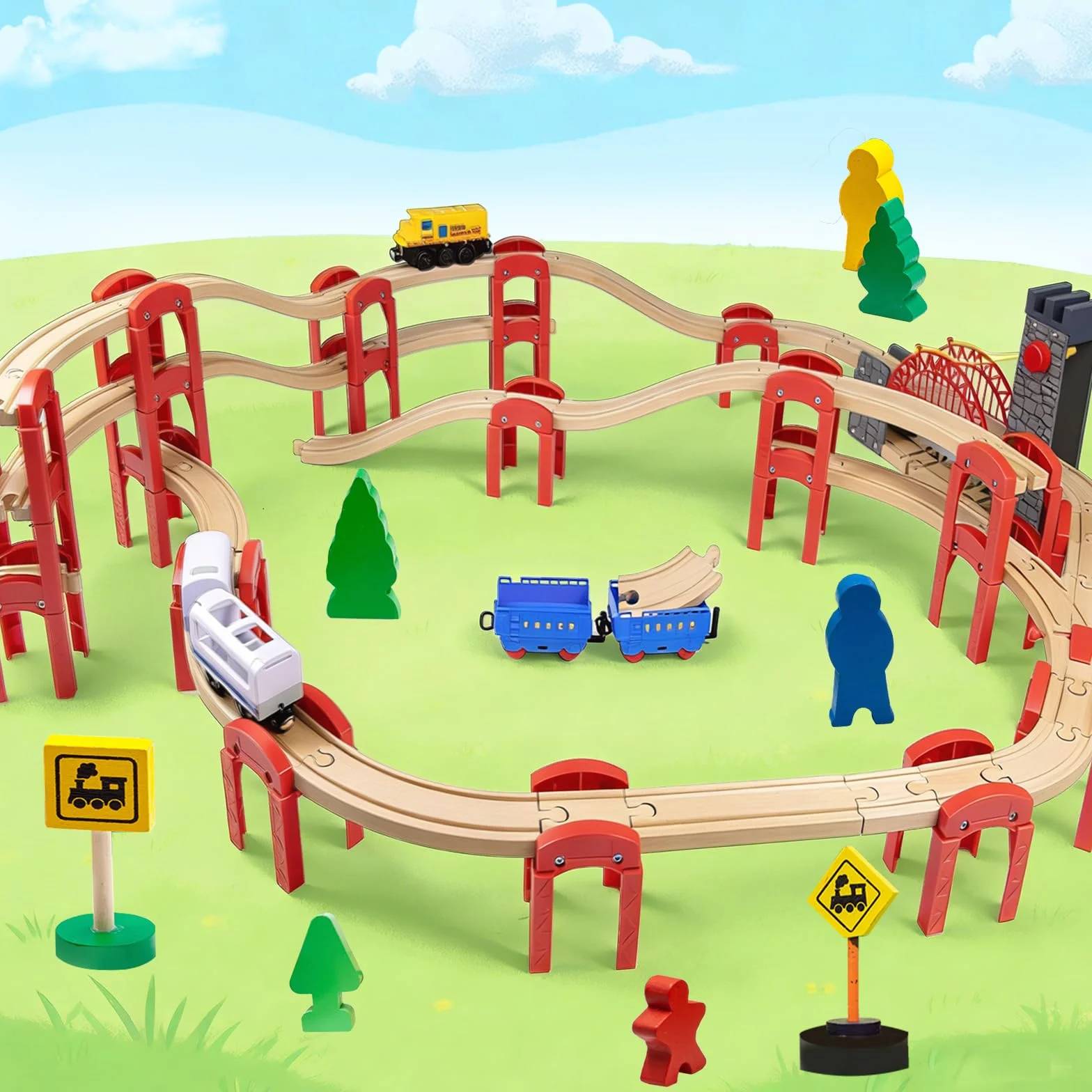 Coffret d‘Extension de Rails en Bois 14 pièces pour Circuit de Train, Empilables pour Constructions, Enfant 3+ Ans