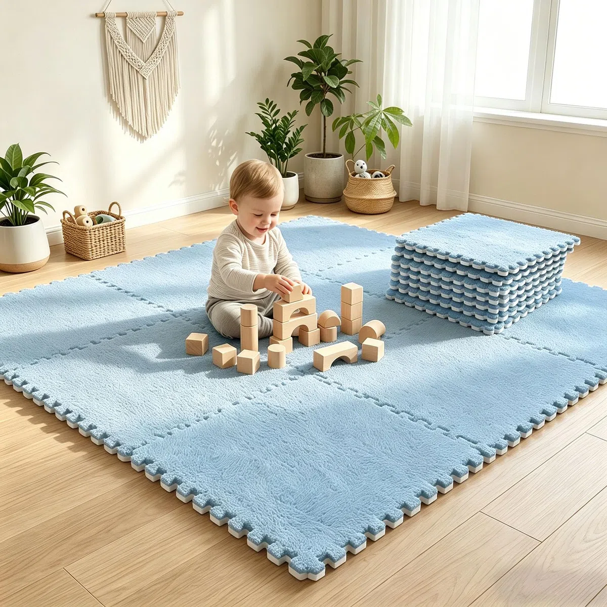 Lot de 12 tapis puzzle emboîtables en peluche, 30 x 30 cm, tapis puzzle en mousse, tapis de sol, tapis puzzle pour bébé, tapis de sol en mousse, pour salon, chambre à coucher, bleu ciel