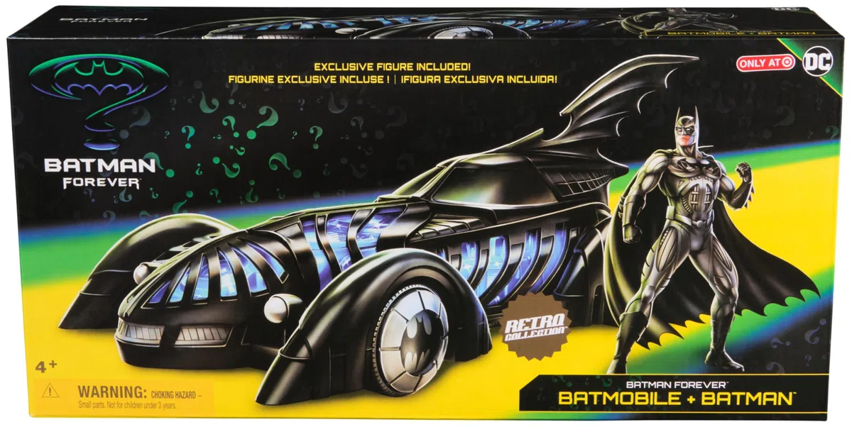 DC Comics - Batman Forever - Batmobile + Figurine Batman Retro Collection - Figurine Articulée - Créez Vos Propres Combats Masqués - Super Héros - Jouet À Collectionner - Jouet Enfant 4 Ans Et +