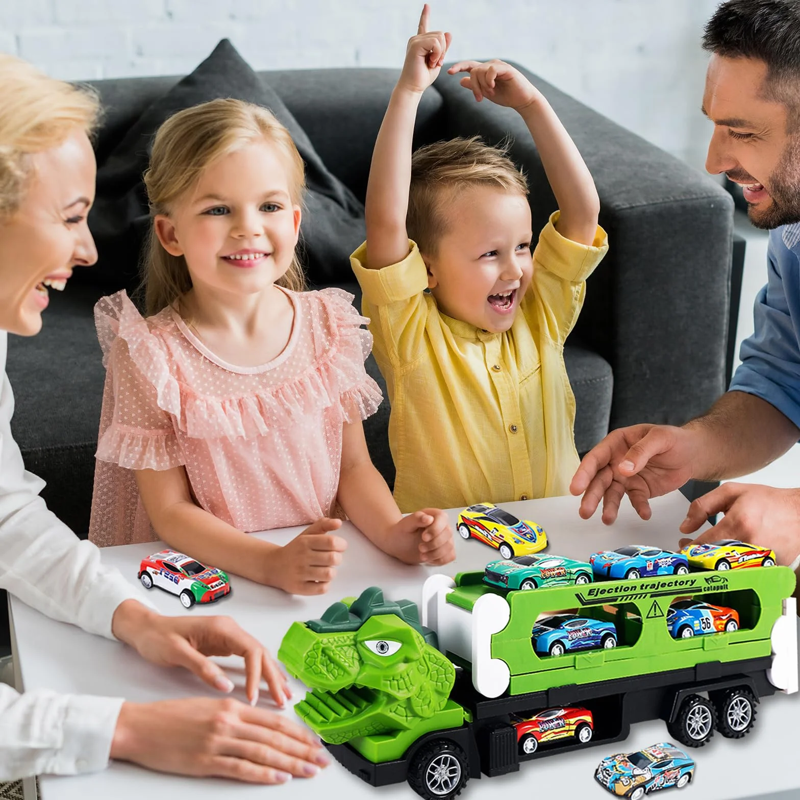 Kit de transport dinosaure 2 en 1 avec 12 voitures jouets en métal, circuit de course portable pour enfants, camion de transport et circuit de course, cadeau pour garçons de 3 à 8 ans