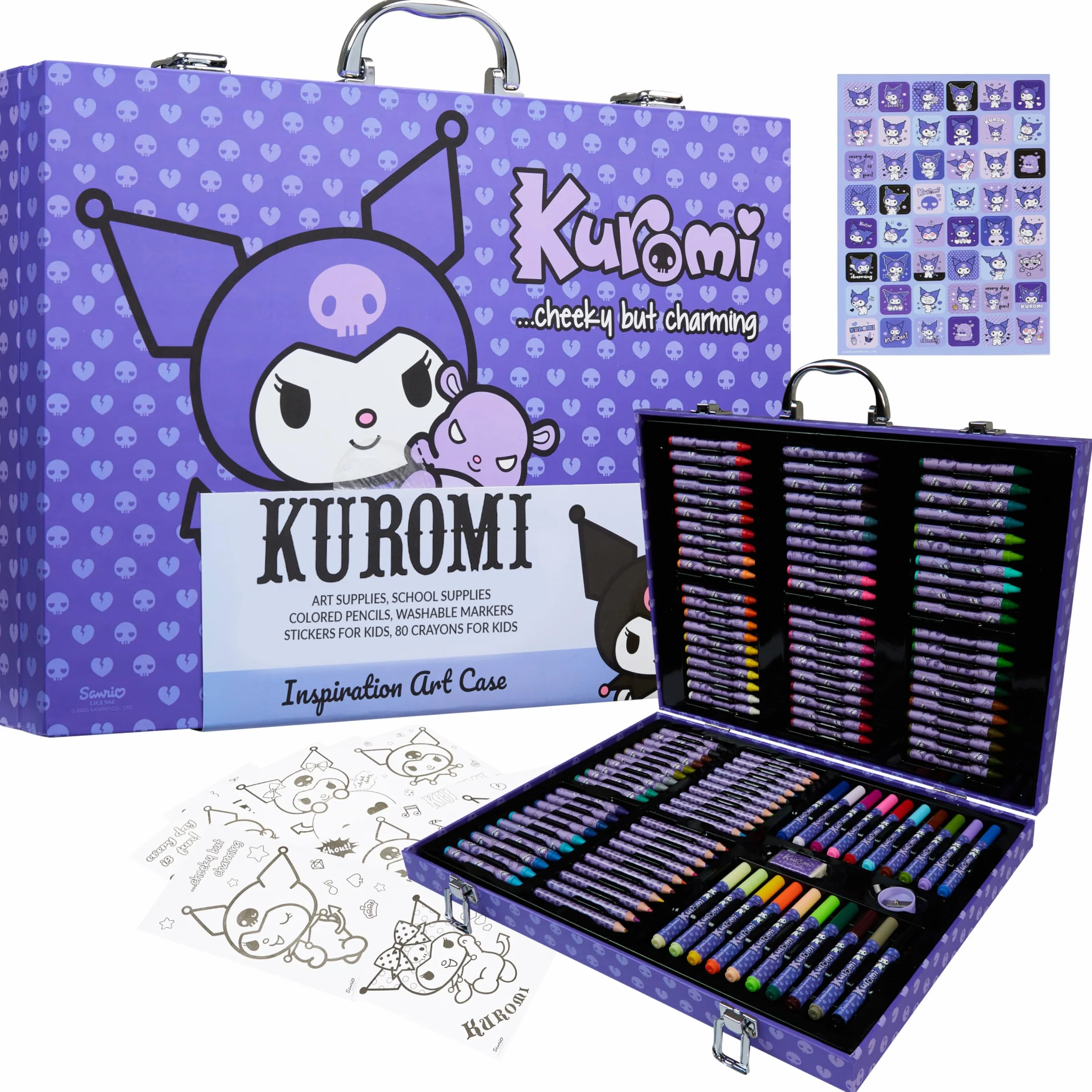 Hello Kitty Sanrio Kuromi Kit de Dessin Enfant, Kit Coloriage Crayons Feutres et Accessoires, Fournitures Kawaii d'Artist Mallette, Cadeau Fille (Violet Kuromi)