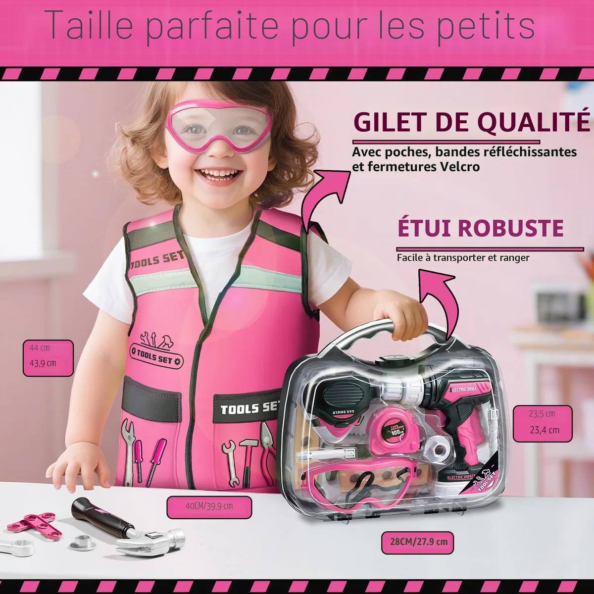 KidBloom Jouet Fille 3 Ans, Boite a Outils Enfant Rose avec Perceuse Électrique, Boîtes à Outils & Gilet, Jouet Enfant 3 4 5 Ans Fille