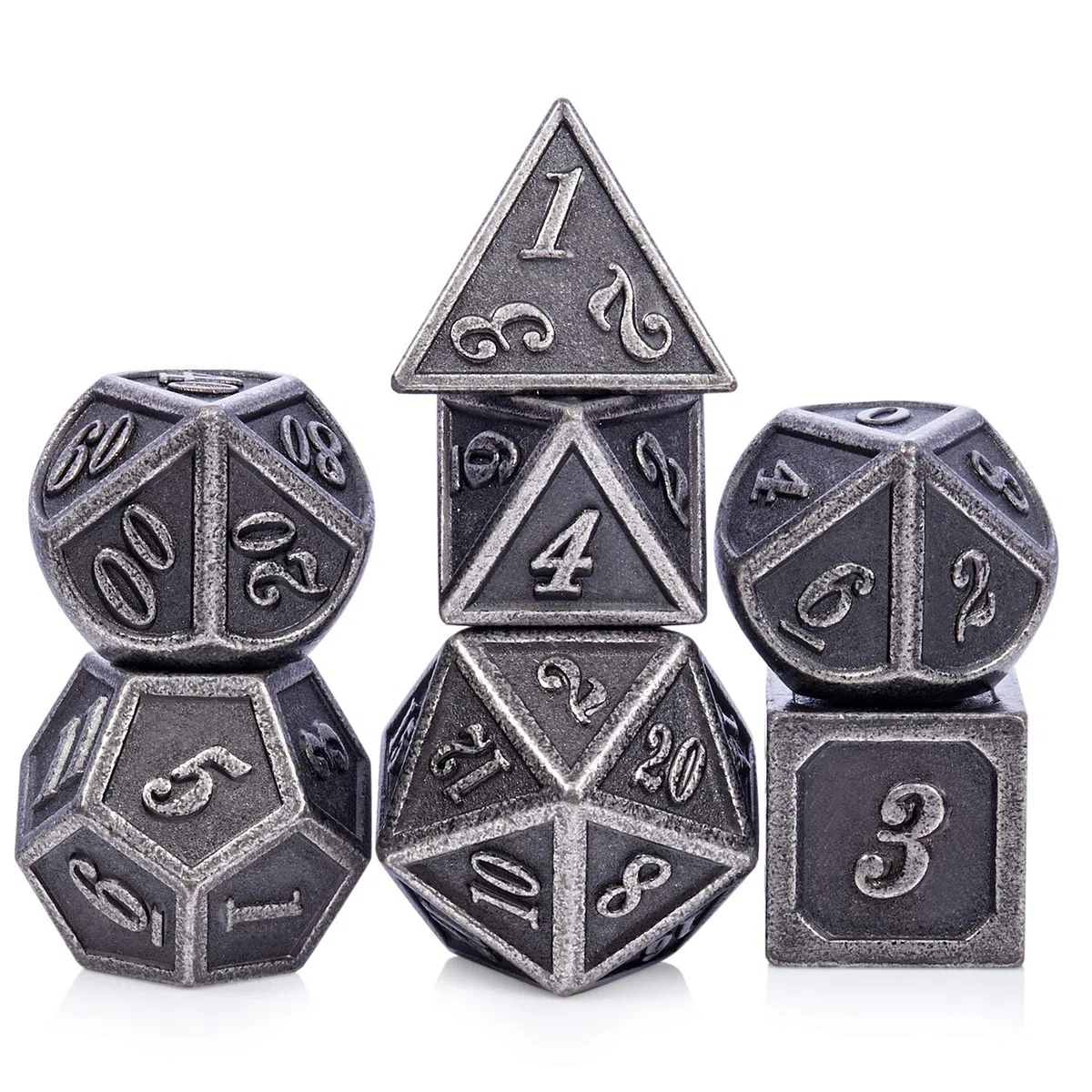 DnDnD Lot de 7 dés en métal argenté ancien DND, dés D&D en métal avec étui en métal pour Donjons et Dragons, Shadowrun, Pathfinder, Savage World et jeux de table