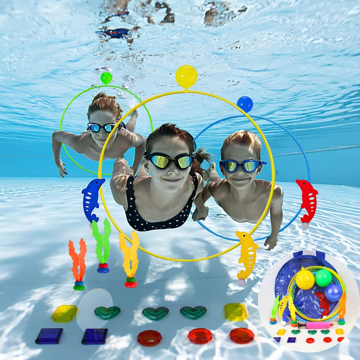 Jouets de Piscine pour Enfants 5-12 Ans, Ensemble de Plongée avec Anneaux, Dauphins, Herbes Marines, Pierres Précieuses et Sac de Rangement