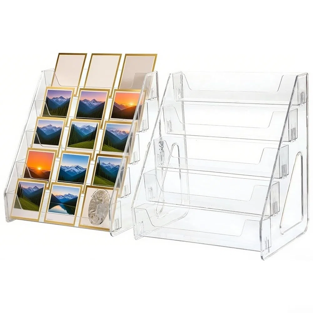 Présentoir de cartes en acrylique transparent à 5 niveaux pour cartes de vœux, cartes postales, cartes de sport, collectionneurs et dalles - Support de table (2 pièces)