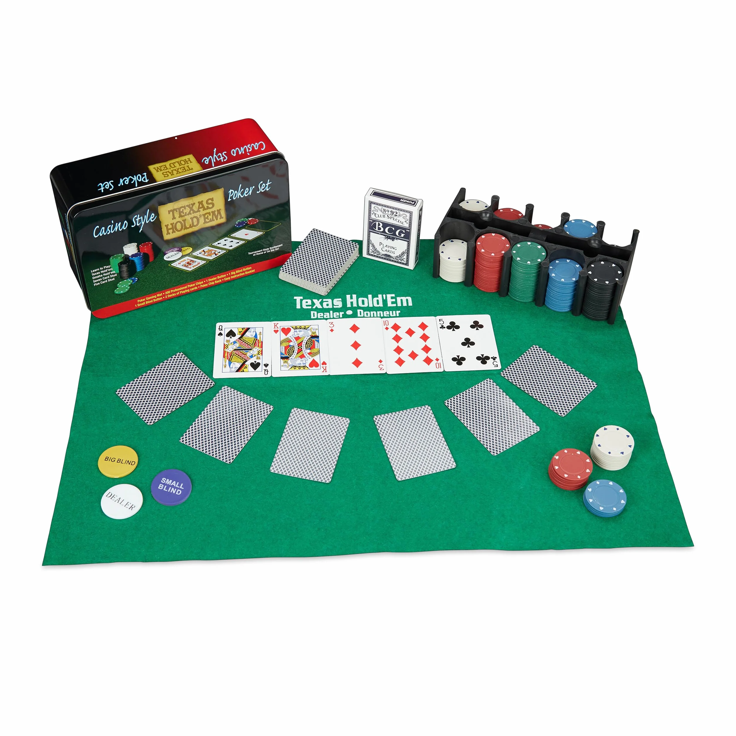 Relaxdays Jeu de poker pro Avec 200 jetons de poker, 2 jeux de cartes, jeton de donneur, jetons blinds, ambiance casino, instructions de jeu (langue française non garantie)