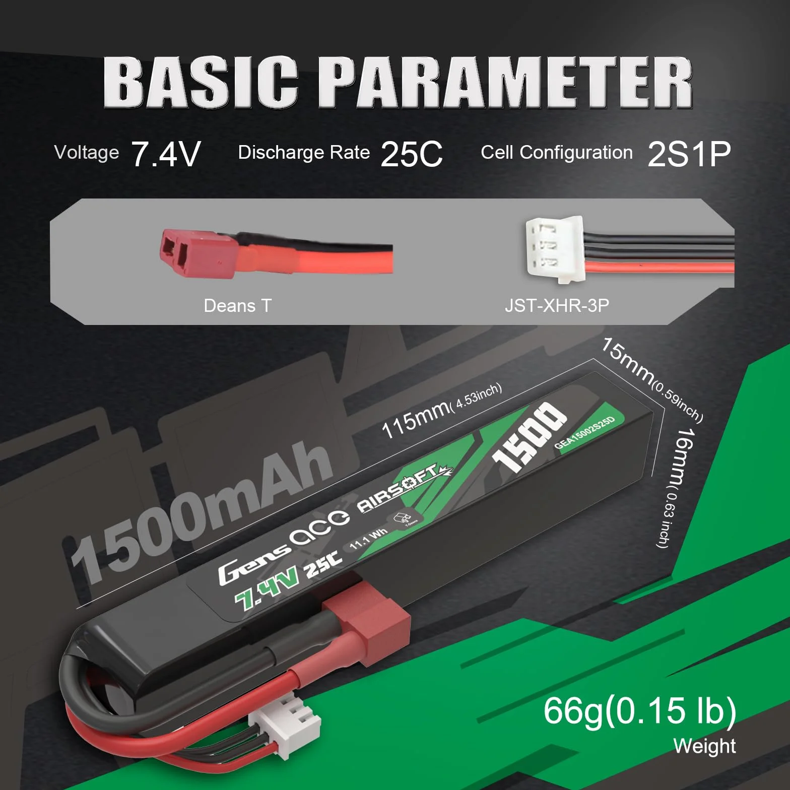 Gens Ace 2S 7,4V 1500mAh 25C Batterie LiPo avec Connecteur T-Plug (Deans), Batterie Rechargeable pour Modélisme et Loisirs, Format Stick Long