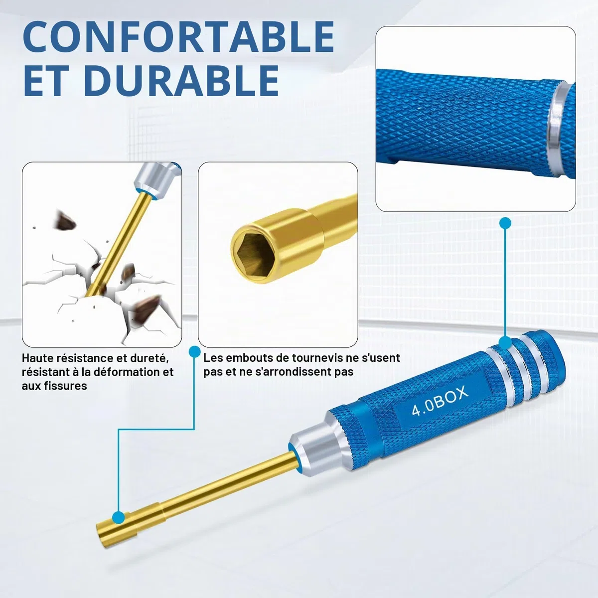 Lot de 7 tournevis hexagonaux 2,0 mm 2,5 mm 3,0 mm 3,5 mm 4,0 mm 4,5 mm 5,0 mm kit d'outils de tournevis pour fixation roue Axial SCX24 pour modèles radiocommandés voitures bateaux hélicoptères bleu