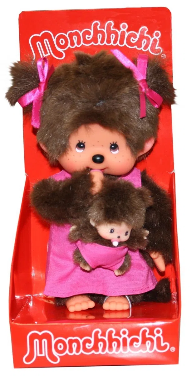 Sekiguchi 236200 - Original Monchhichi mère avec bébé, en Peluche Marron, avec Robe Rose et Noeud dans Les Cheveux, env. 20 cm