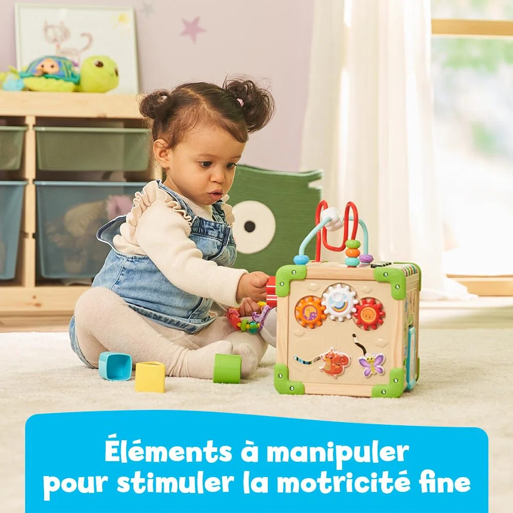 VTech - Cube Nature Interactif Multi Activité, Cube d’Activités Bébé, Jouet d'Éveil Sensoriel Partiellement en Bois, Trieur de Formes, Piano Lumineux, Cadeau Bébé Dès 9 Mois - Contenu en Français