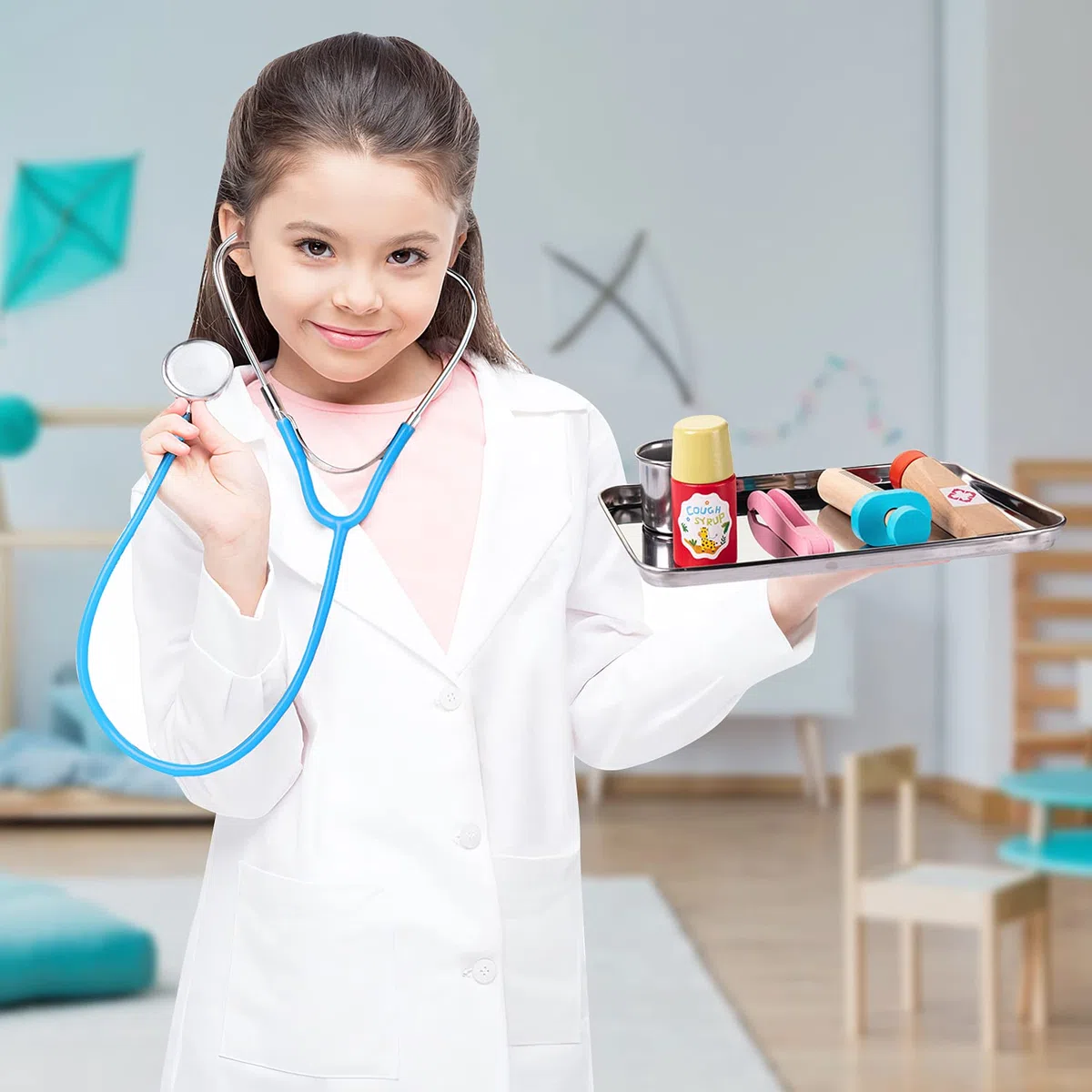 EFO SHM Malette Docteur Enfant - avec stéthoscope, seringue, Thermomètre Infrarouge et Beaucoup d’Autres Accessoires en Bois, Jouet d'Imitation dès 3 Ans