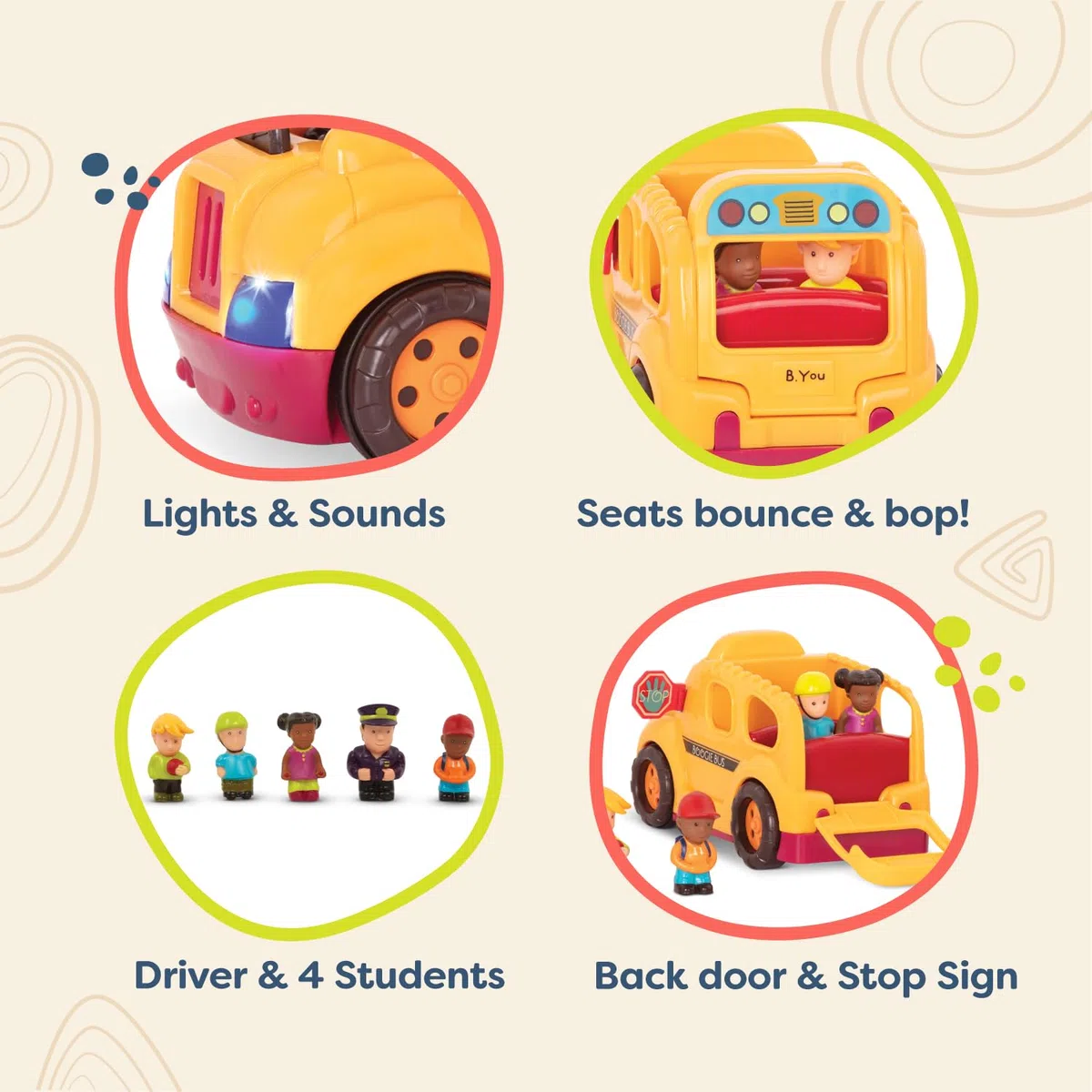 B. toys - Boogie Bus - Bus Scolaire Jaune interactif - Lumières et Sons - Autobus Scolaire pour Tout-Petits et Enfants - Conducteur et passagers - 18 Mois et +