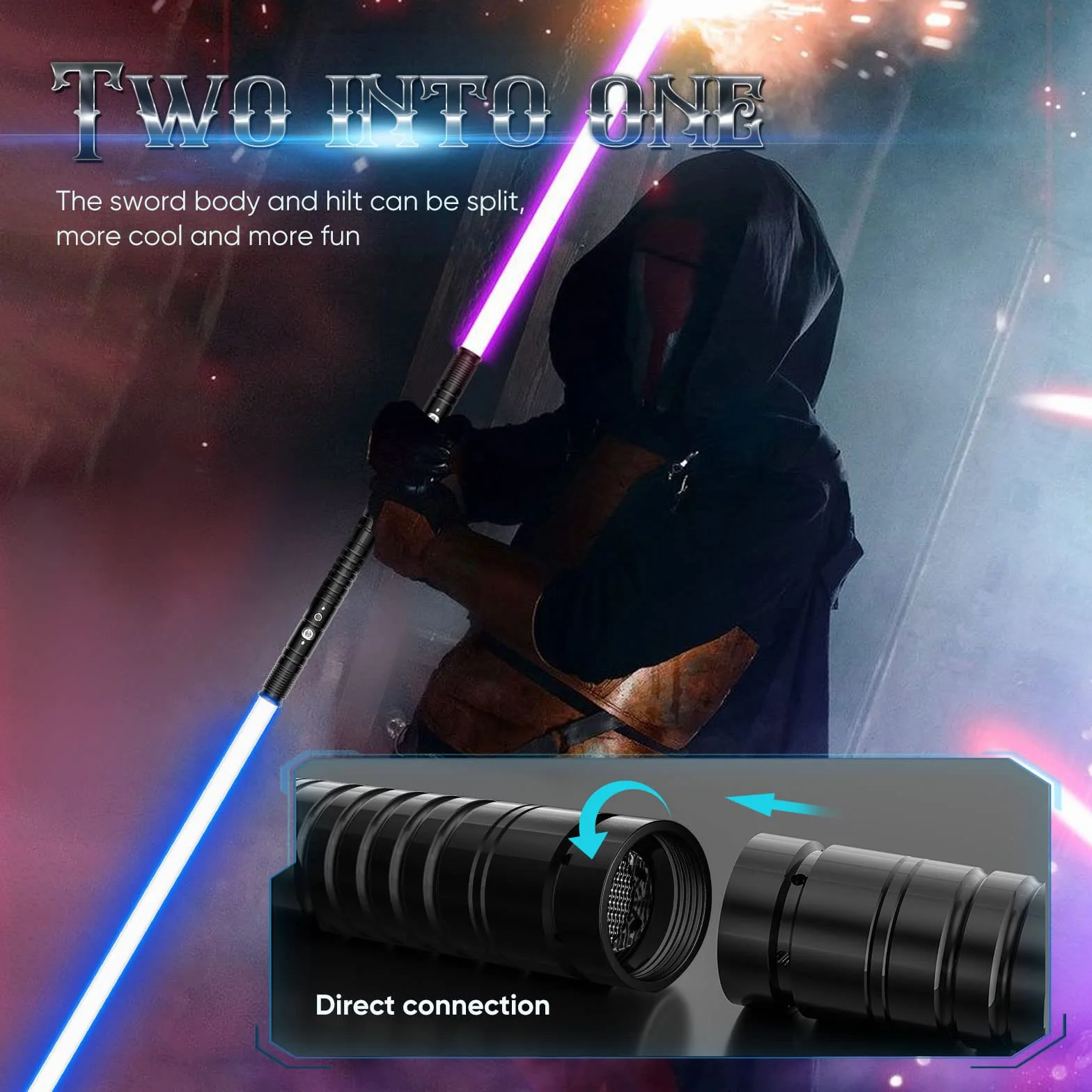 Sabre laser avec effet sonore RVB 7 couleurs changeantes - Sabre laser - Long sabre laser portable rechargeable avec poignée en métal pour enfants, adultes, fête costumée (noir, 77 cm)
