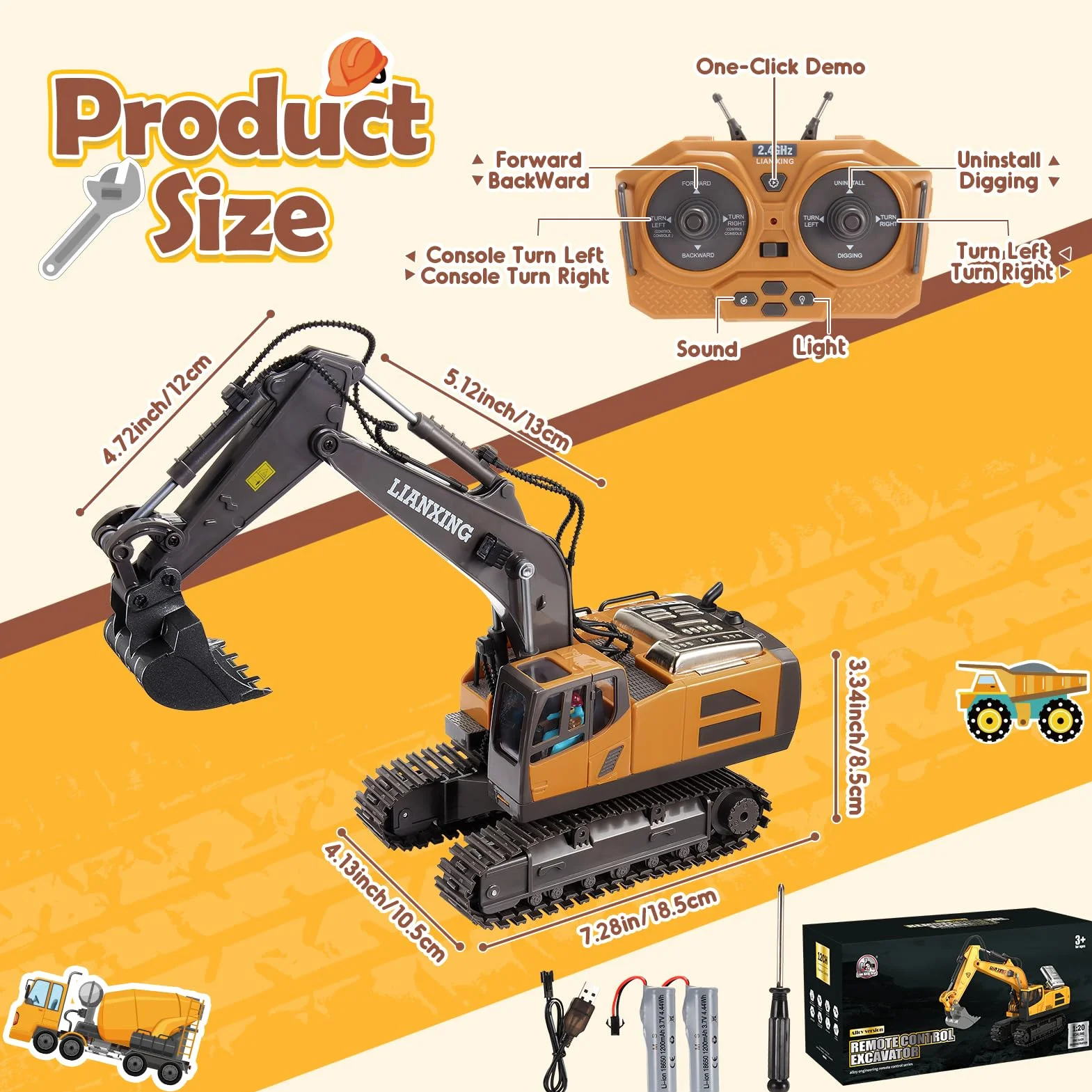 Echelle 1:20 Pelleteuse Télécommandée Jouet Garçon 3-8 Ans, 2.4GHz Tracteur Enfant Avec Effets Lumineux, Cadeau Et Jeux Exterieur