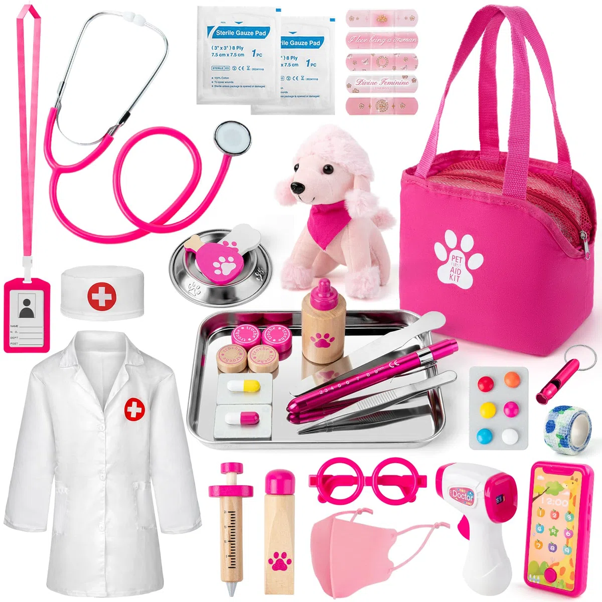 EFO SHM Mallette de médecin en Bois pour Enfants - Jouet vétérinaire - Mallette de Docteur avec Blouse de médecin - Véritable stéthoscope - Thermomètre - Vétérinaire - Jeu de rôle - Cadeau de 3 Ans