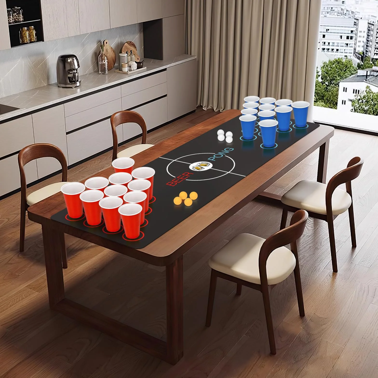 Beer Pong, Jeux à Boire Gobelets, 32 Réutilisables Tasse de Bière Pong (16 Rouge + 16 Bleu) , 8 Balles e 1 set de table, Réutilisables, pour Une Réunion D'Amis,Enterrement de Vie de Jeune Fille