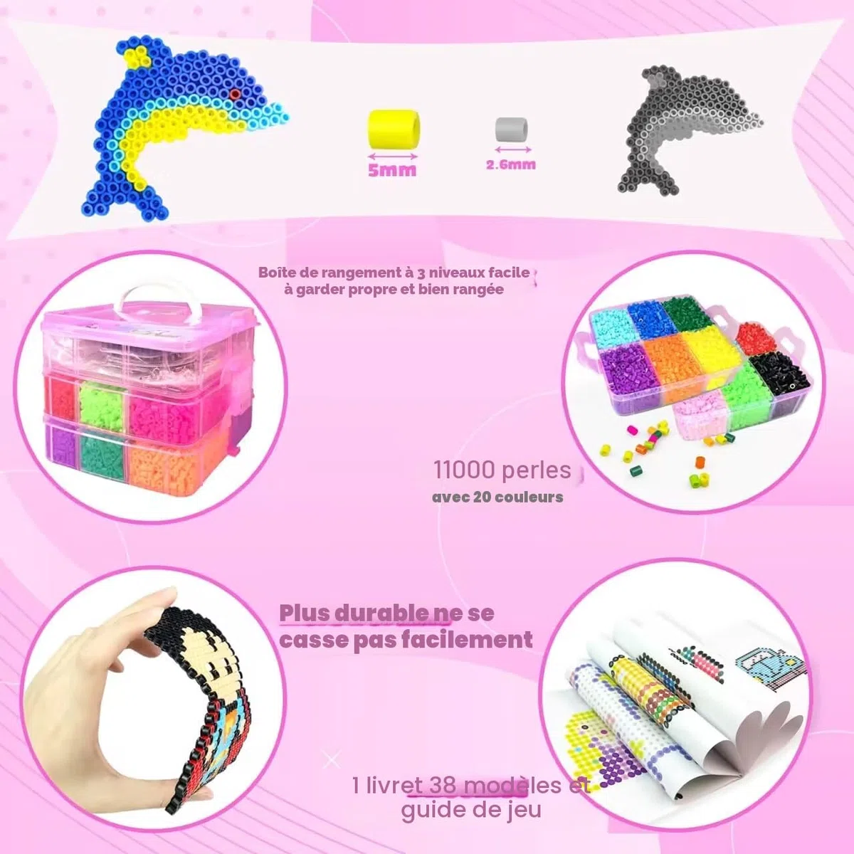Set De Perles à Repasser, 11000 Pièces Perles De 5MM Avec Boîte De Rangement, Plaque Perle Papier à Repasser, Guide d'utilisation, Conception DIY De Bijoux, Pour Enfants Cadeau Noël Anniversaire