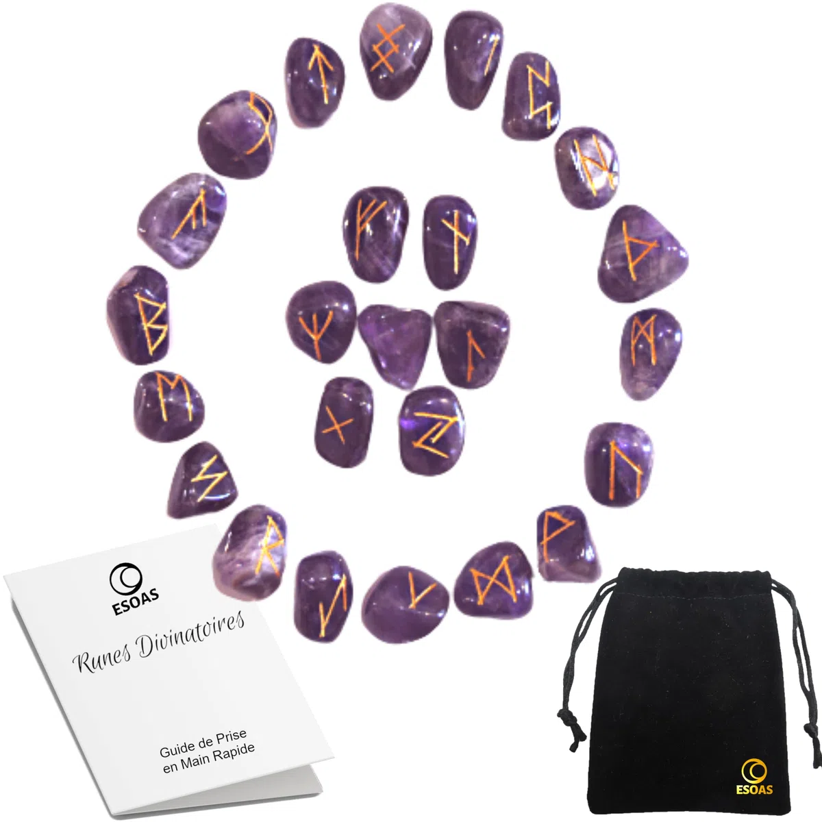 RUNES DIVINATOIRES VIKING Améthyste, Set x25 Pierres Polies Semi Précieuses Gravées Avec Sac. Idéal Pour Divination, Voyance et Magie. Alphabet Runique Futhark, Oracle de la Mythologie Nordique
