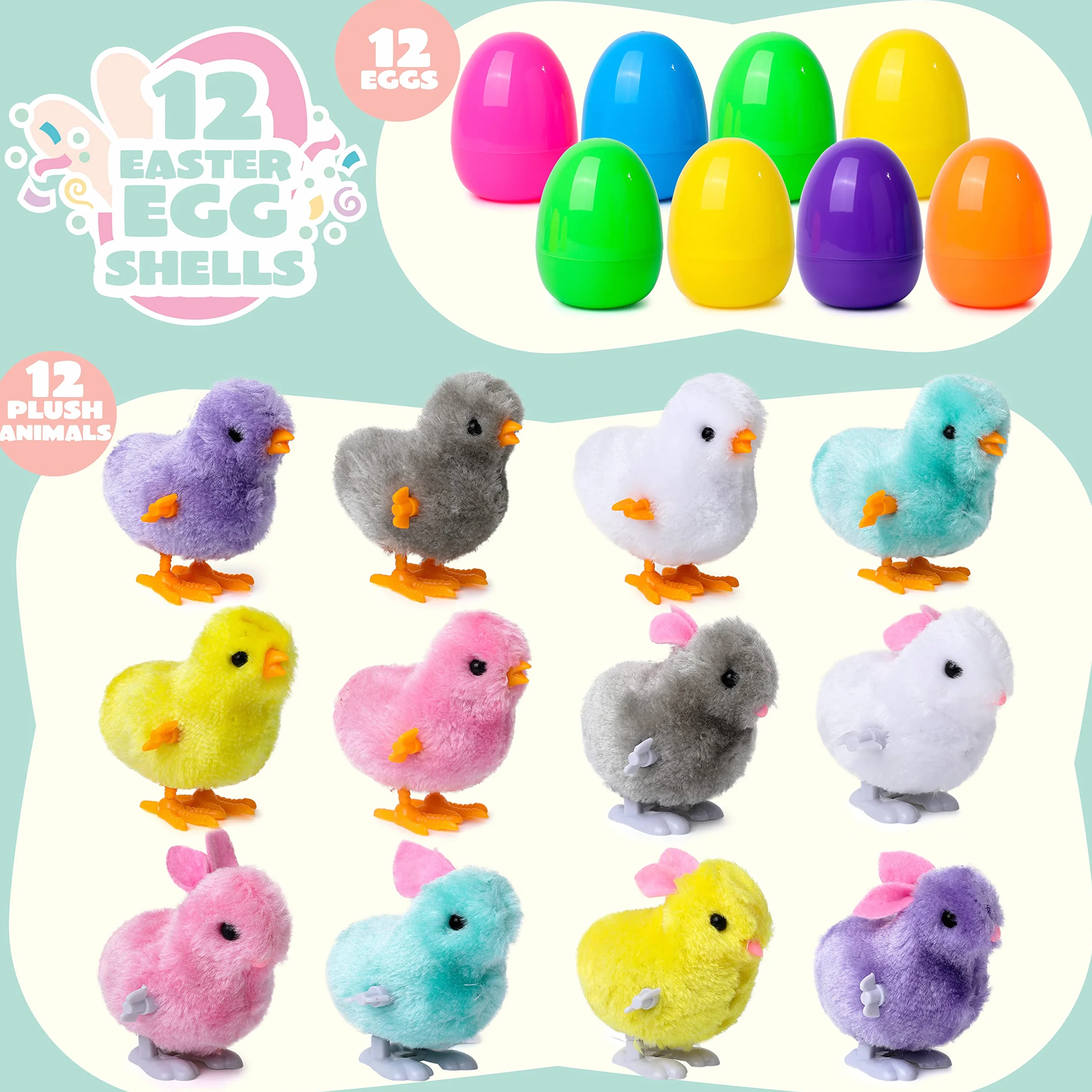 JOYIN 12Pcs Oeufs de Pâques Remplis Jouets de Lapins et Poussins à remonter pour Garçons et Filles Jouets Surprise Cadeaux fête de Chasse de Pâques