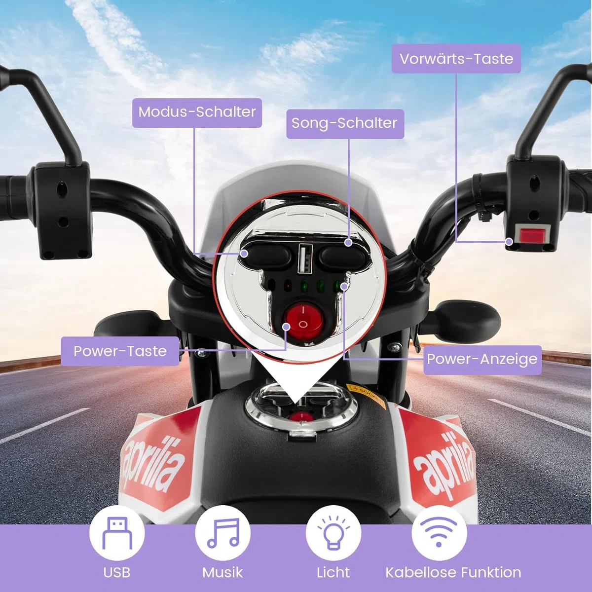 FANTASK Moto électrique pour Enfant de 3 à 8 Ans - 12 V - 5,5 à 6 km/h - avec Roues stabilisatrices, Musique et phares - Noir et Blanc