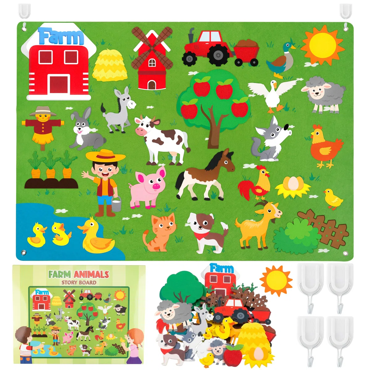 WATINC Felt Farm Story Board Set 38 pièces Animaux domestiques préscolaires Conte Flanelle Conseil bétail Apprentissage précoce Kit de Jeu éducatif Suspendu Jouets pédagogiques