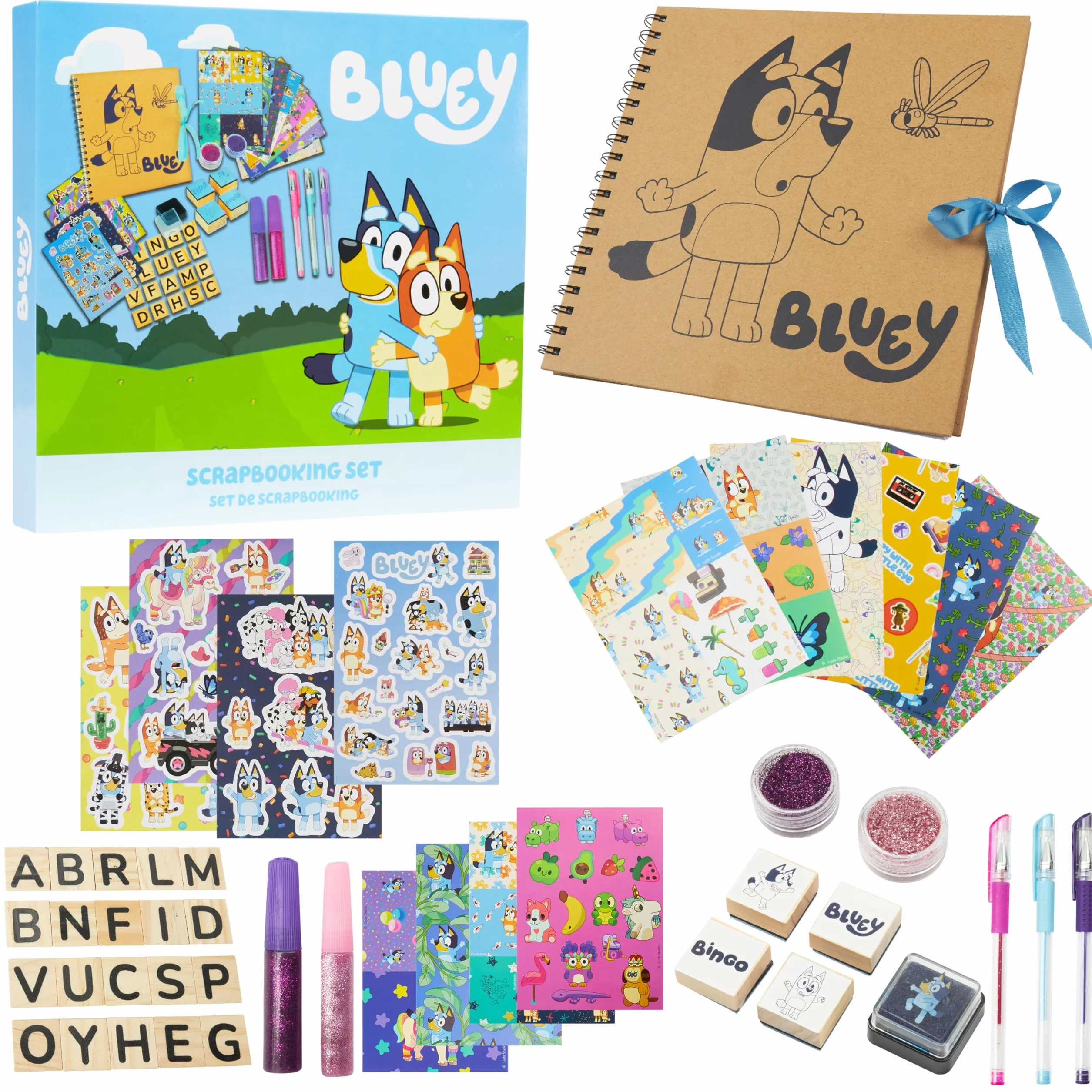 BlueY Kit Scrapbooking avec Activité Manuelle Enfant, Accessoires DIY Fournitures Artiste Stylos Gel Colle Pailletée Tampons Set Papeterie, Idee Cadeau (Multi Scrapbook)