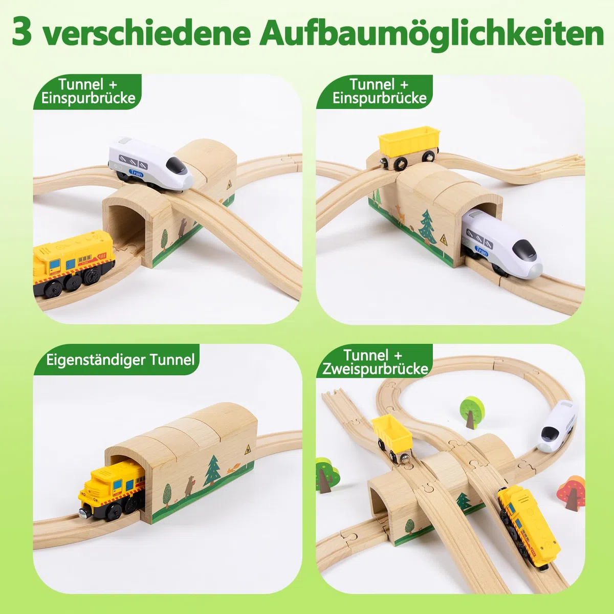 Ensemble tunnel et pont en bois avec rails en S, accessoires de pont de chemin de fer en bois, compatible avec les principales marques de chemins de fer, jouets pour enfants à partir de 3 ans (animaux