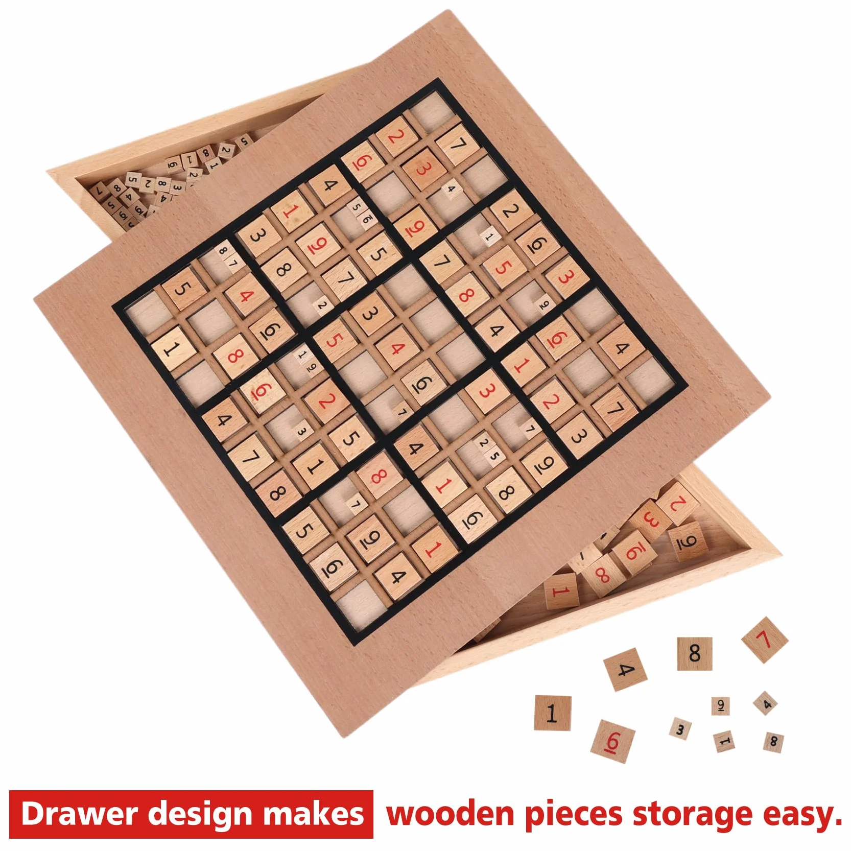 Sudoku Bois avec Plateau de Jeu, 90 Grands Chiffres et Pions Logiques, 2 Tiroirs de Rangement – Jeu de Réflexion et Entraînement Cérébral pour Tous Âges