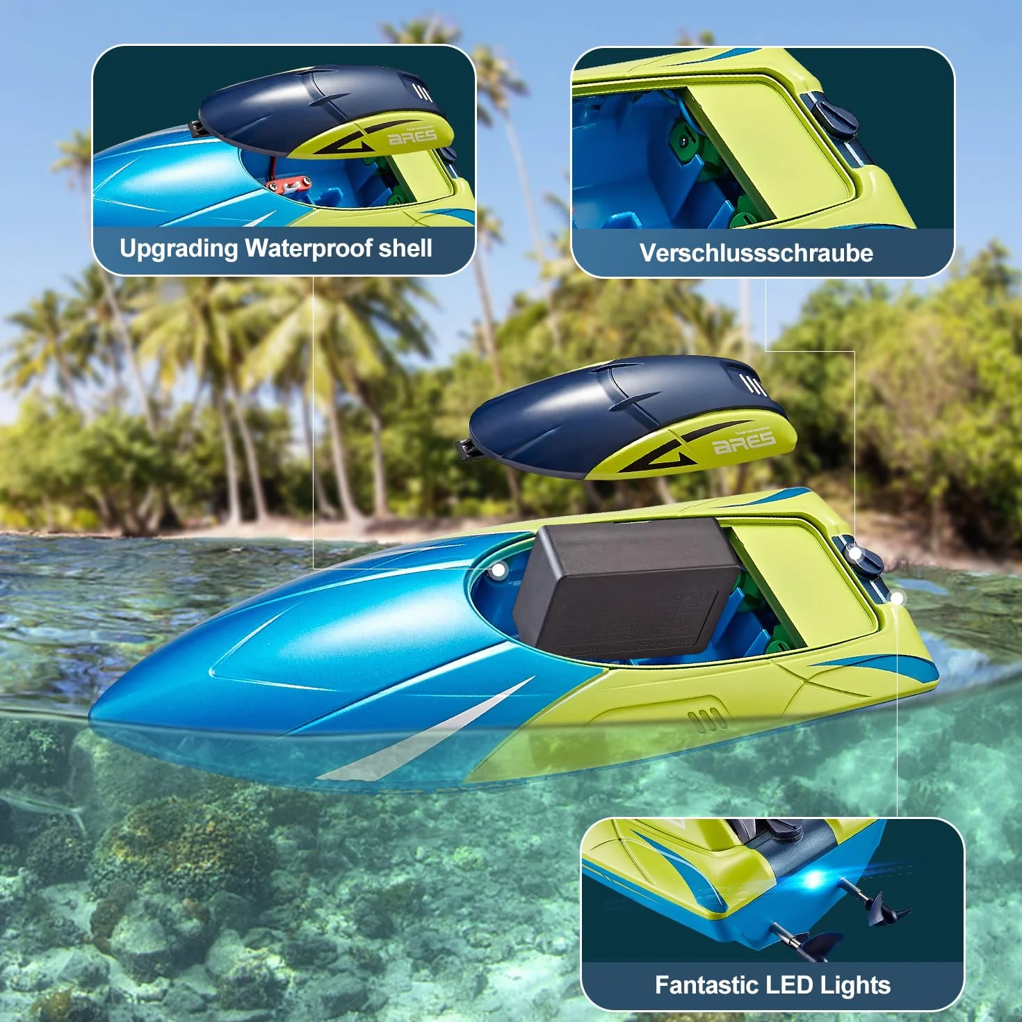 4DRC Bateau Télécommandé avec lumière LED pour Enfants, 20+ MPH, Bateaux de Course RC Haute Vitesse 2,4 GHz pour Lacs, récupération de chavirage，Jouets de Piscine pour Enfants et Adultes