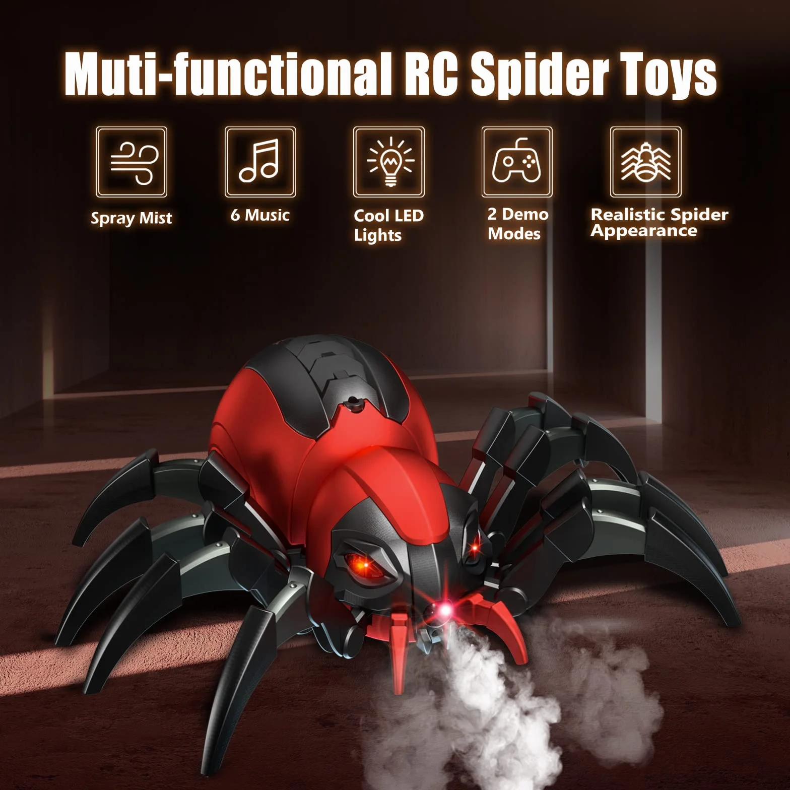 Télécommande Araignées Jouets pour Enfants - Véritable RC Spider, Effets musicaux, Lumières LED, 3 4 5 6 7 8 9 10 11 12 Ans garçons / Filles, Cadeau d'anniversaire Halloween Rouge
