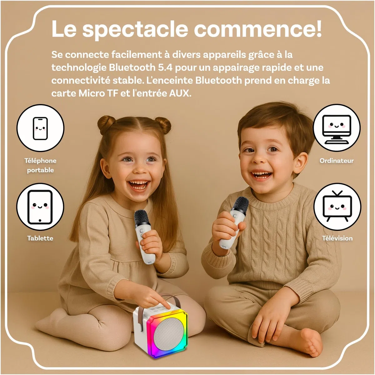 Machine à Karaoké avec 2 Microphone sans Fil pour Enfants par MMOBIEL – Enceinte Bluetooth Portable, 2 Microphone, Effets de Voix, Lumière LED – Micro Karaoke, Cadeau Fille, Garcon, Enfants 3+, Beige