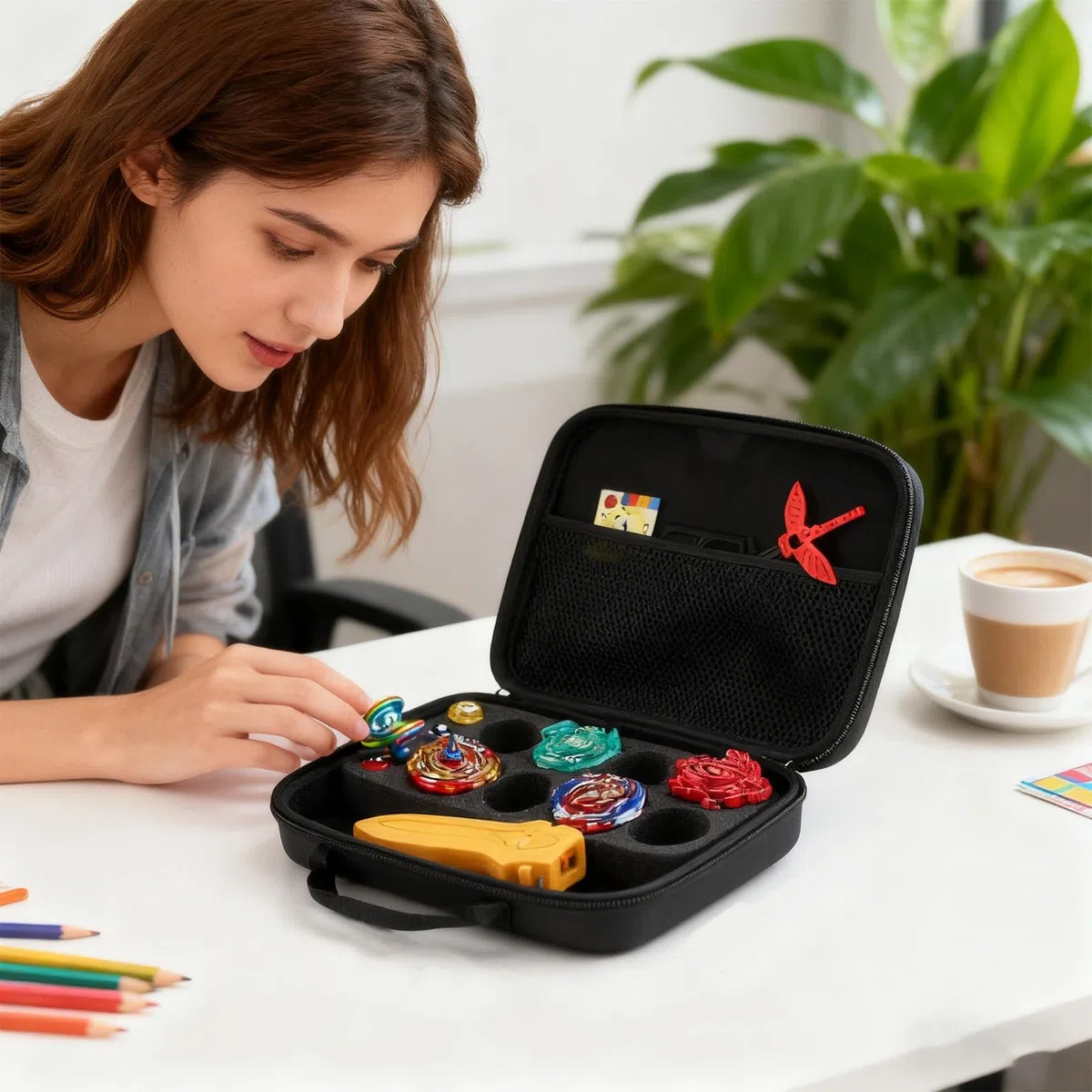 Valise à toupie - Ensemble de Combat de toupies, Support de poignées de Lanceur, boîte de Transport renforcée, présentoir de Collection, Compartiment de Jeu pour, Finition Noire de Grande capa