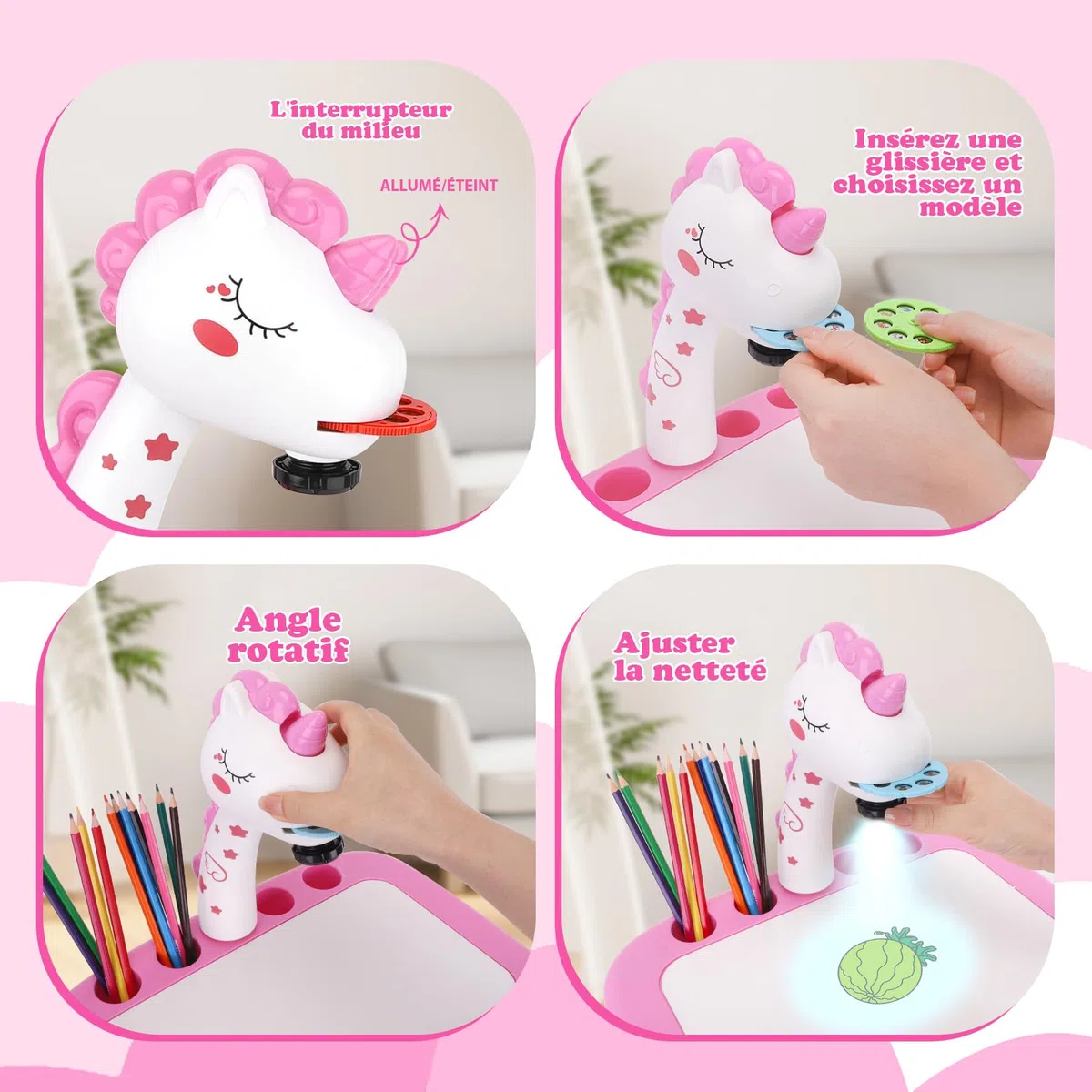 Konijiwa Cadeau Fille Projecteur Dessin Enfant avec 72 Motifs Jouet Fille Jeux Enfant 3 4 5 6 ans Licorne Jouet Cadeau avec Crayons de Couleur, Album de Découpage, Livre d'Autocollant Licorne, Tampon