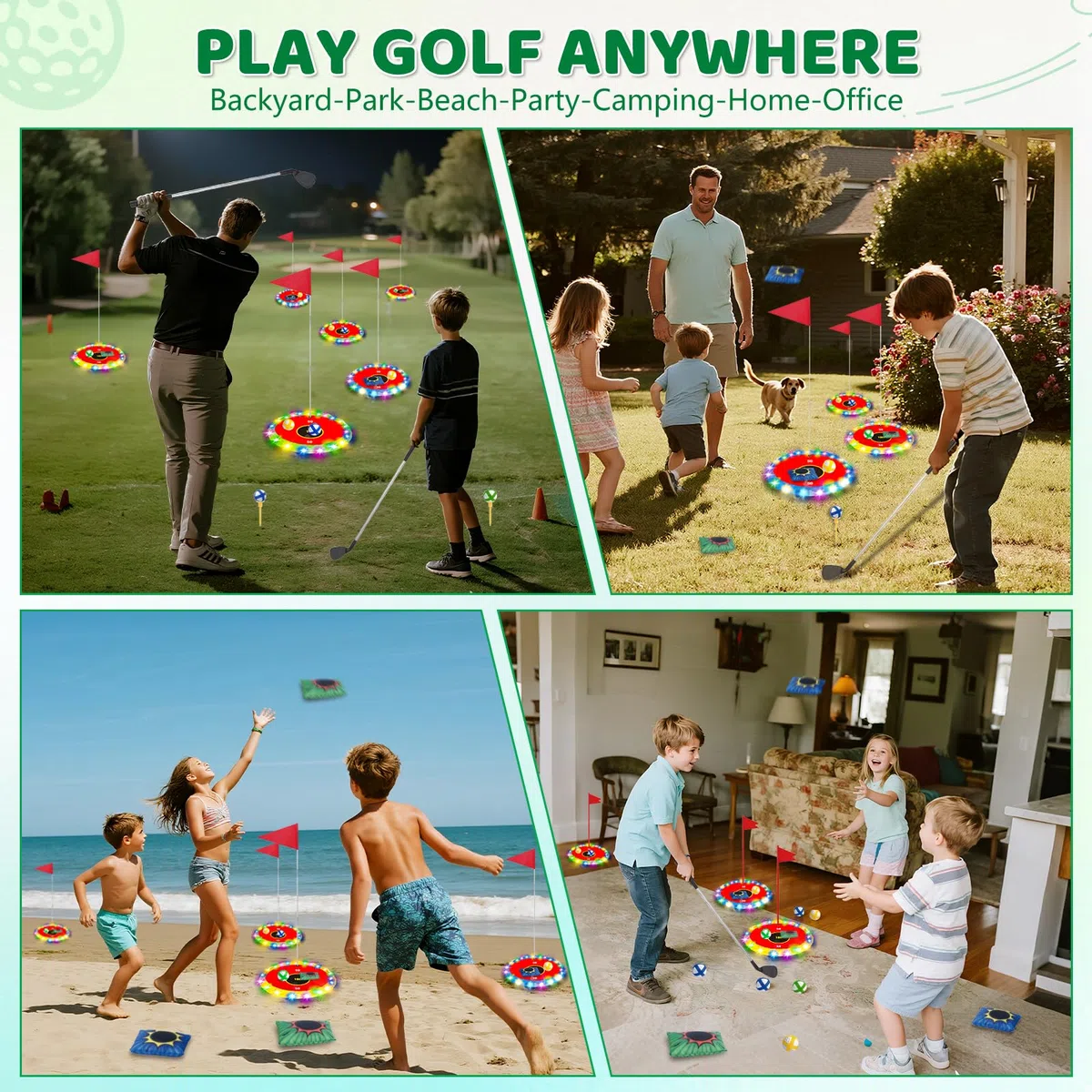 TERRAMUS Kit de golf lumineux 2 en 1 pour enfants, 16 balles, 2 raquettes, 6 cibles éclairées, pour l'intérieur et l'extérieur, cadeau de 3 à 8 ans